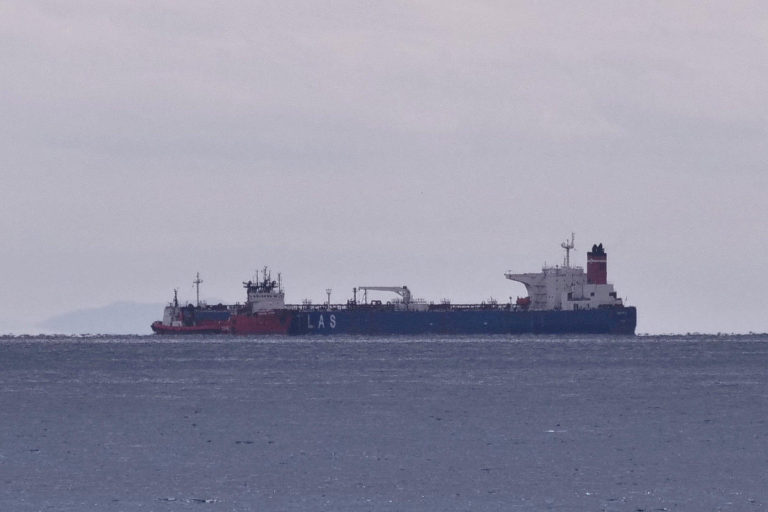 The Pegas oil tanker Pegas is seen anchored off the shore of Karystos, on the Island of Evia, Greece