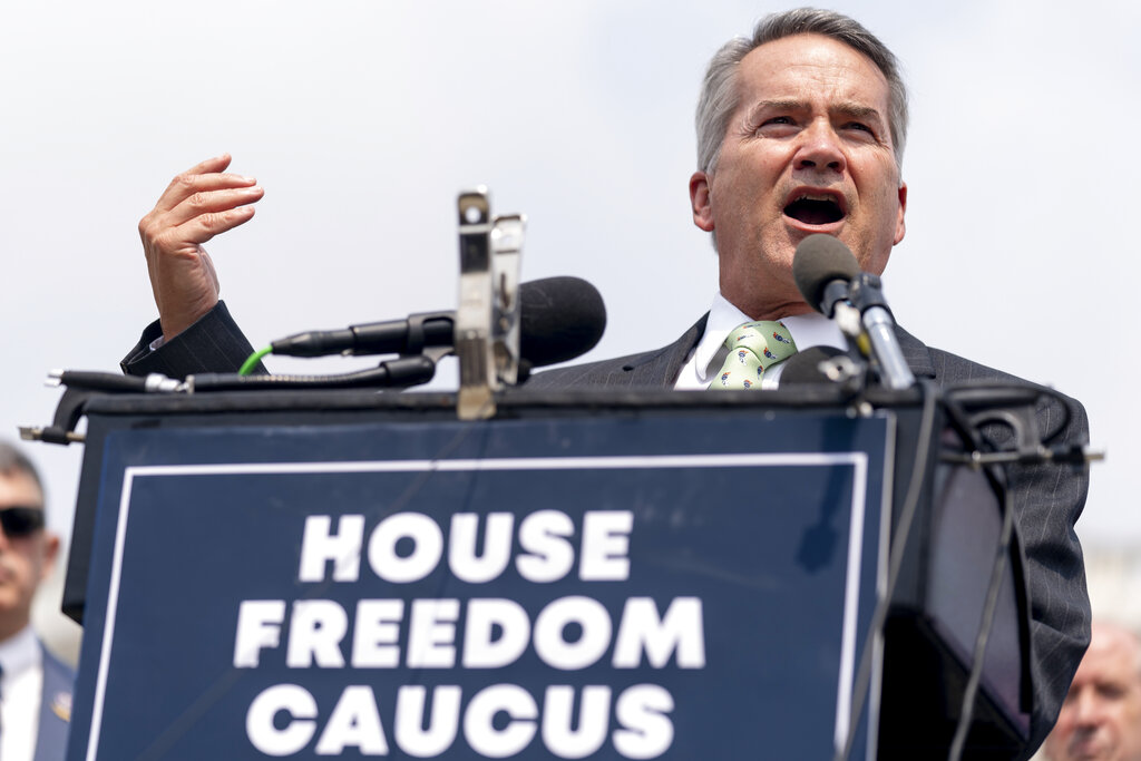 Rep. Jody Hice, R-Ga., speaks at a news conference held by members of the House Freedom Caucus on Capitol Hill in Washington