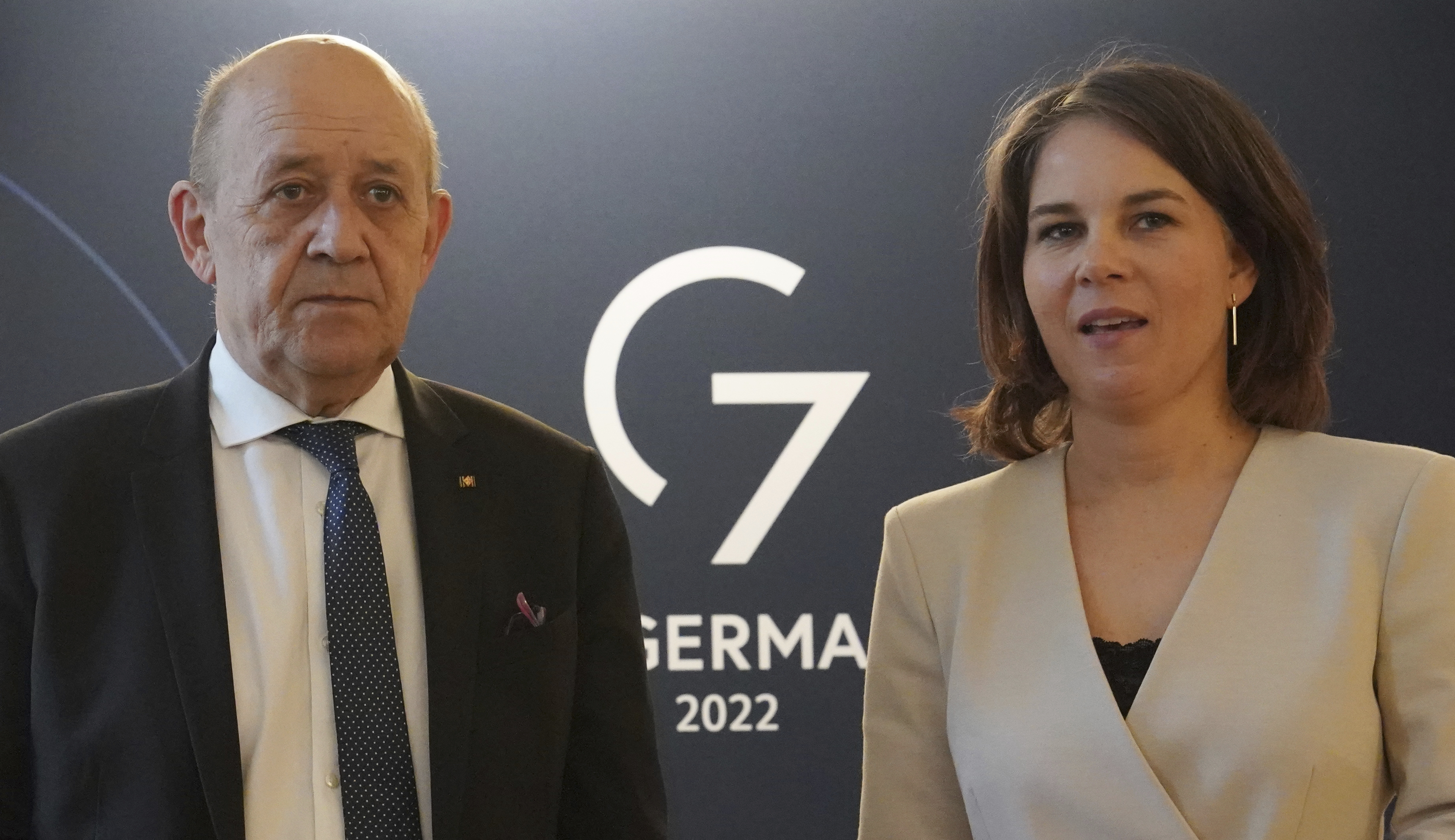 Annalena Baerbock, foreign minister of Germany, welcomes Jean-Yves Le Drian, foreign minister of France for talks