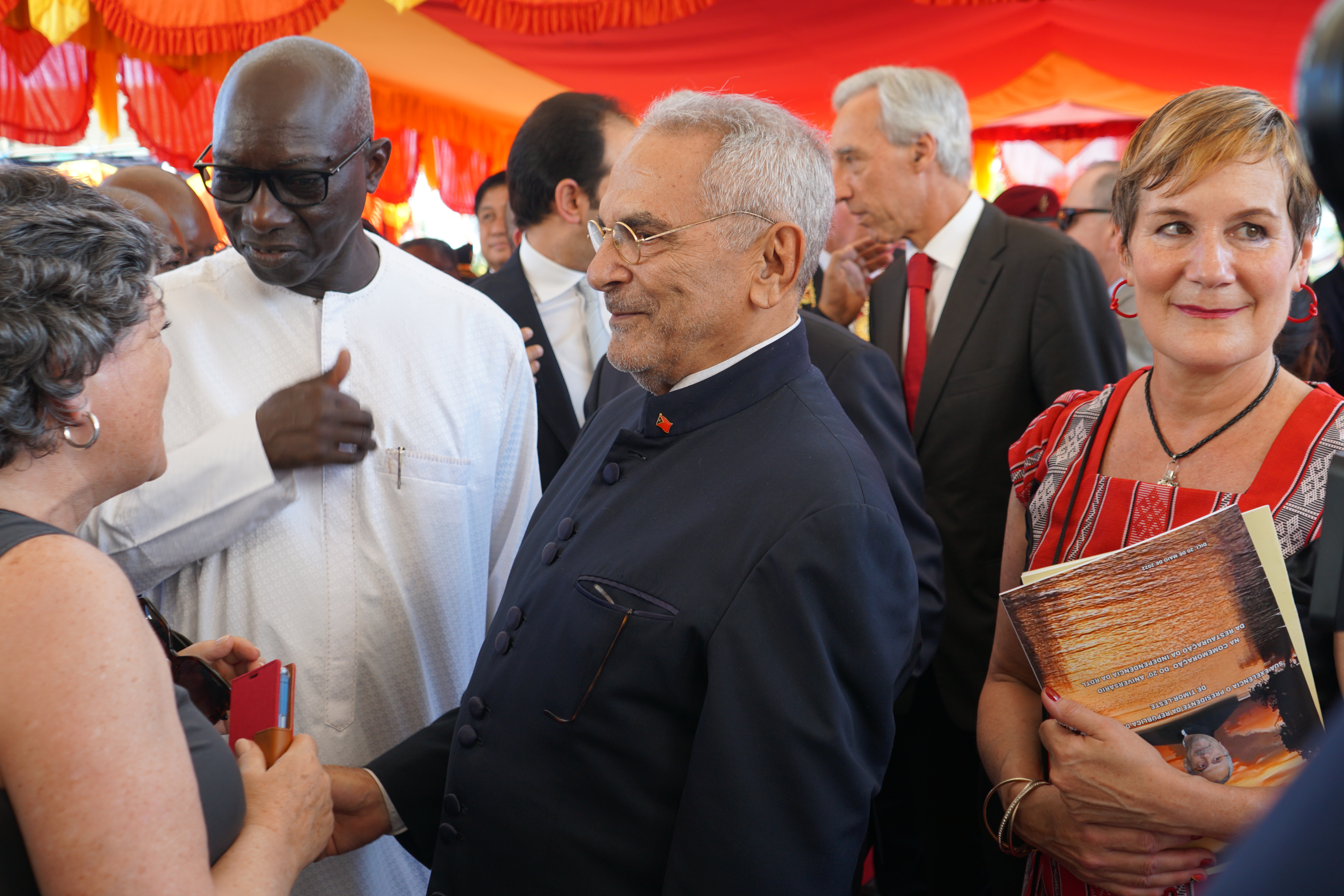José Ramos-Horta greets international guests after the celebration of the 20th anniversary of Timor Leste’s restoration of independence. To his left is Kirsty Sword Gusmão, the former first lady of Timor Leste, and to his right is Adama Dieng, UN special adviser on the prevention of genocide
