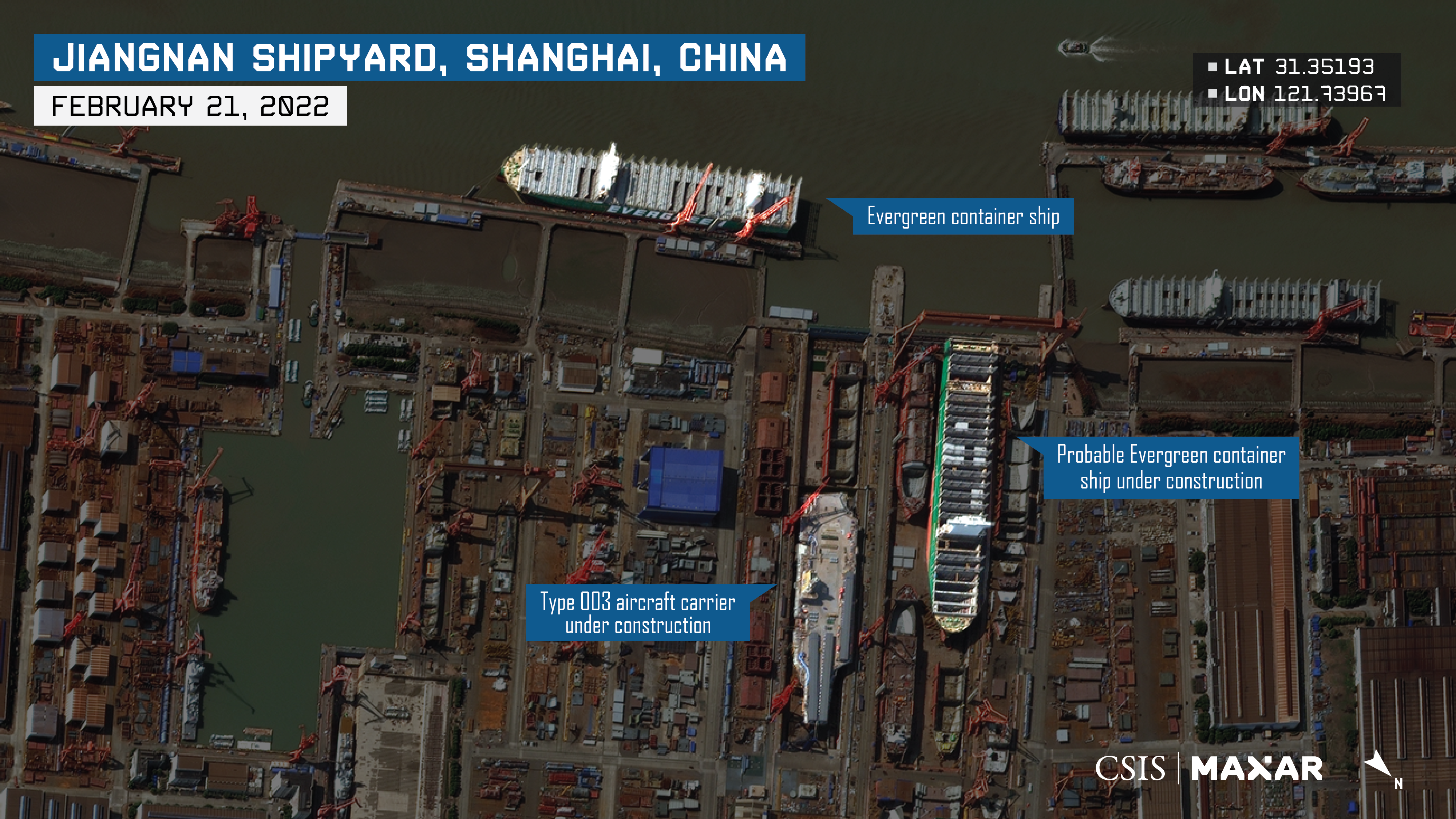 A satellite image obtained by the Center for Strategic and International Studies’ Transnational Threats Project shows the Type 003 aircraft carrier being built at Jiangnan near to two Evergreen ships