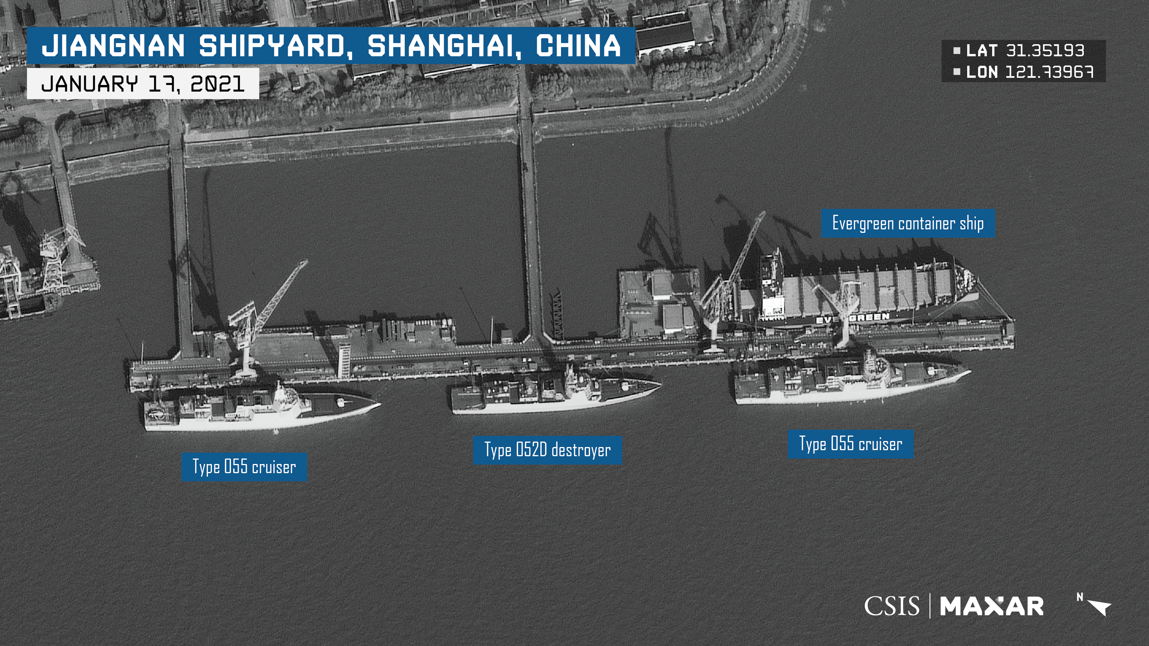 A satellite image obtained by the Center for Strategic and International Studies’ Transnational Threats Project shows an Evergreen hull under construction near three Chinese military ships
