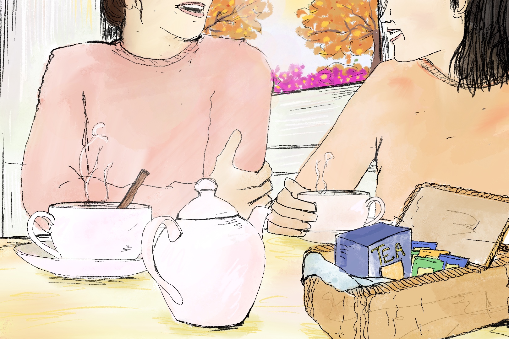 A drawing of two women having tea
