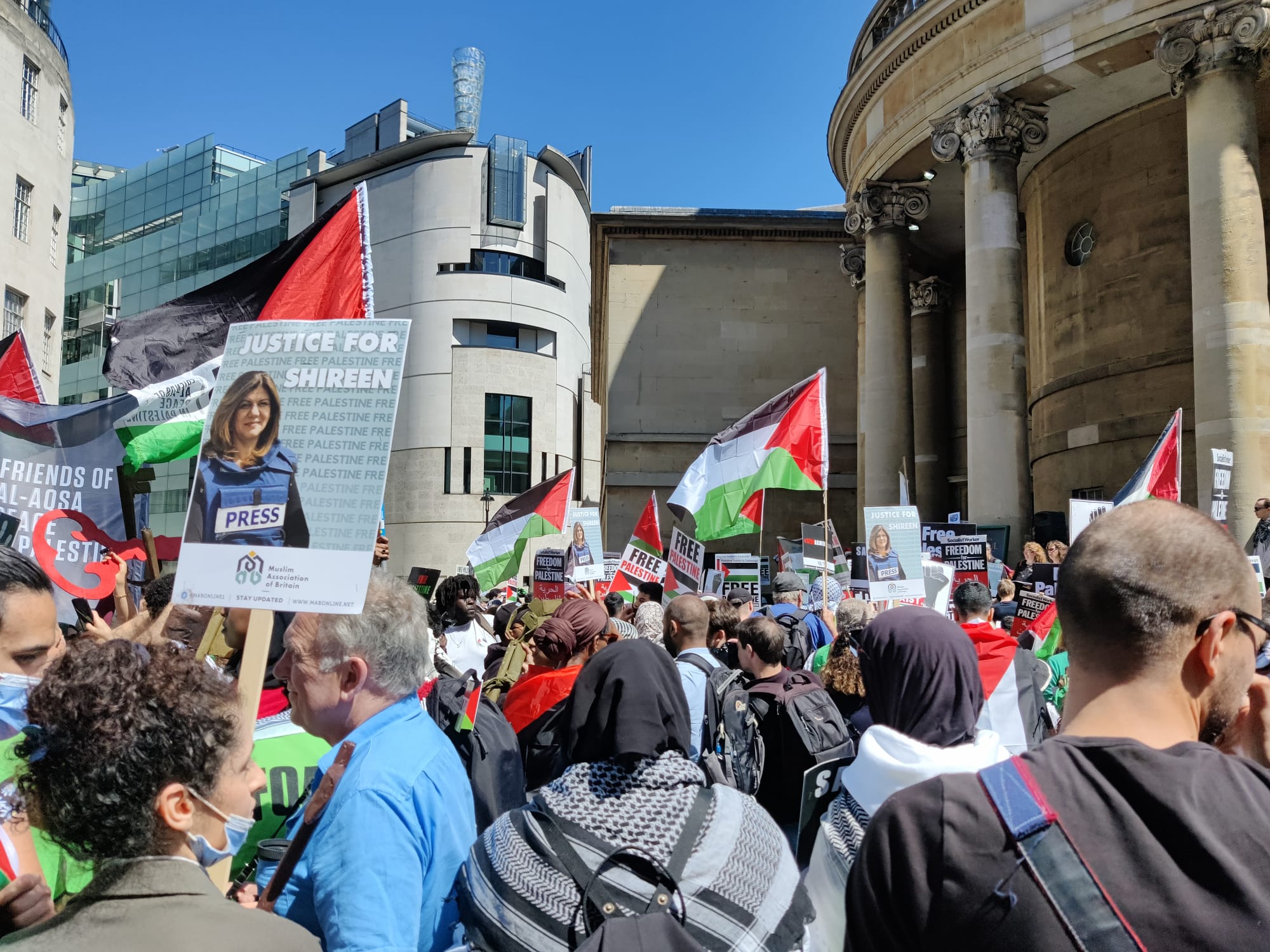 A rally in central London for the murdered Palestinian journalist Shireen Abu Akleh.