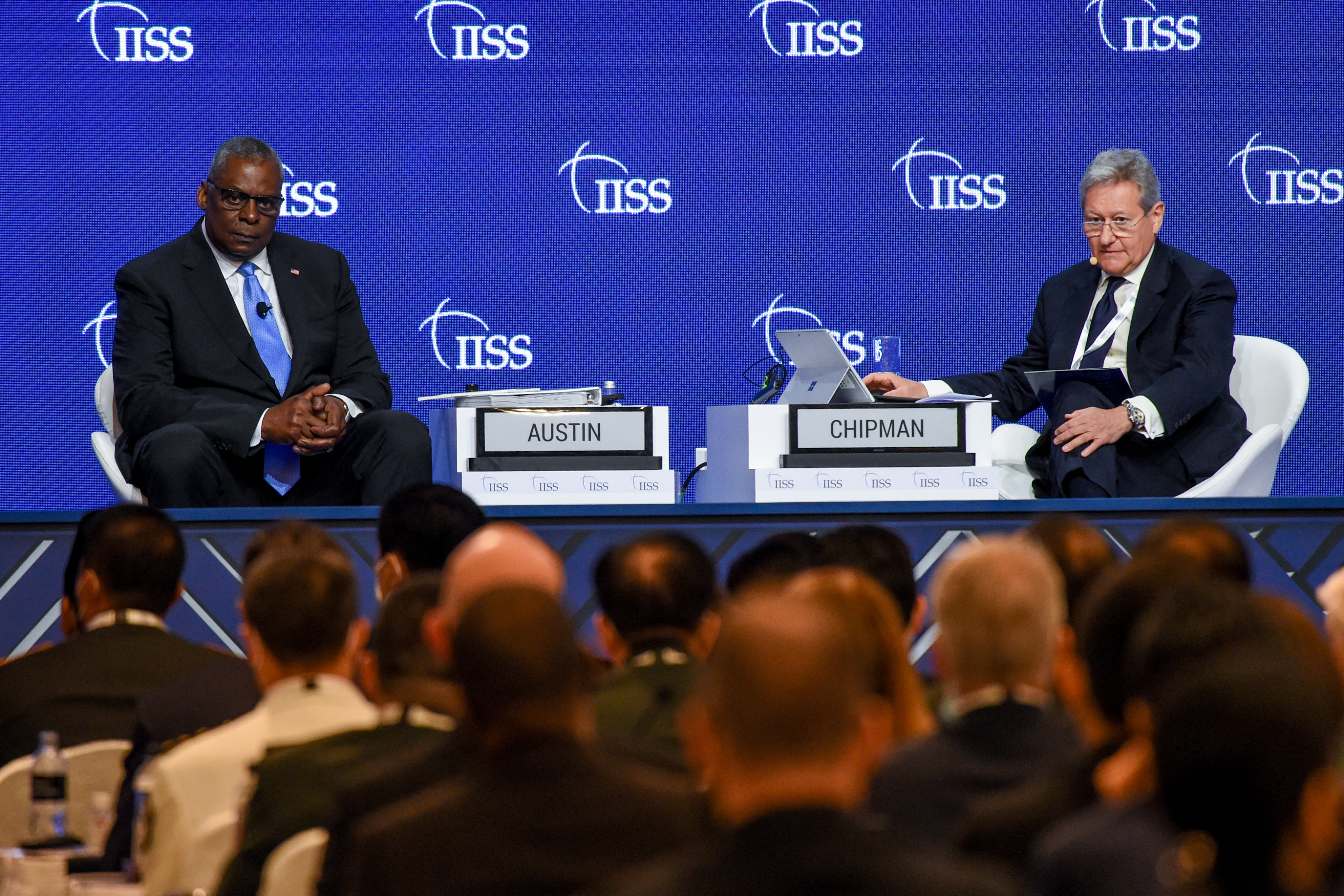 US Secretary of Defense Lloyd Austin takes questions from the audience after his address to the Shangri-La Dialogue in Singapore