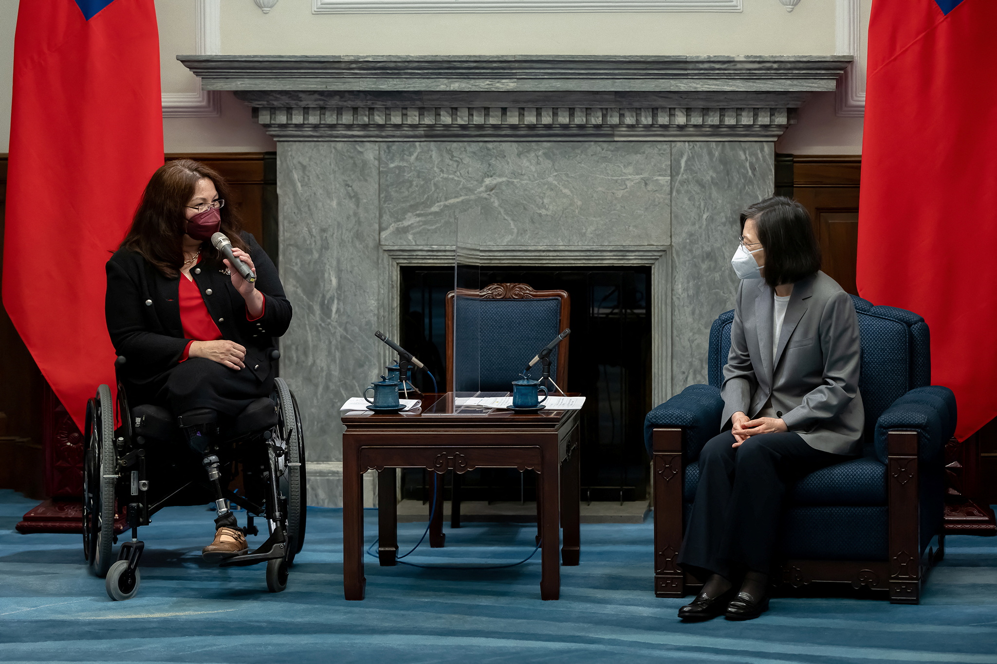 The patrols and air incursions into Taiwan’s ADIZ took place as Senator Tammy Duckworth (left) met Taiwan’s President Tsai Ing-wen