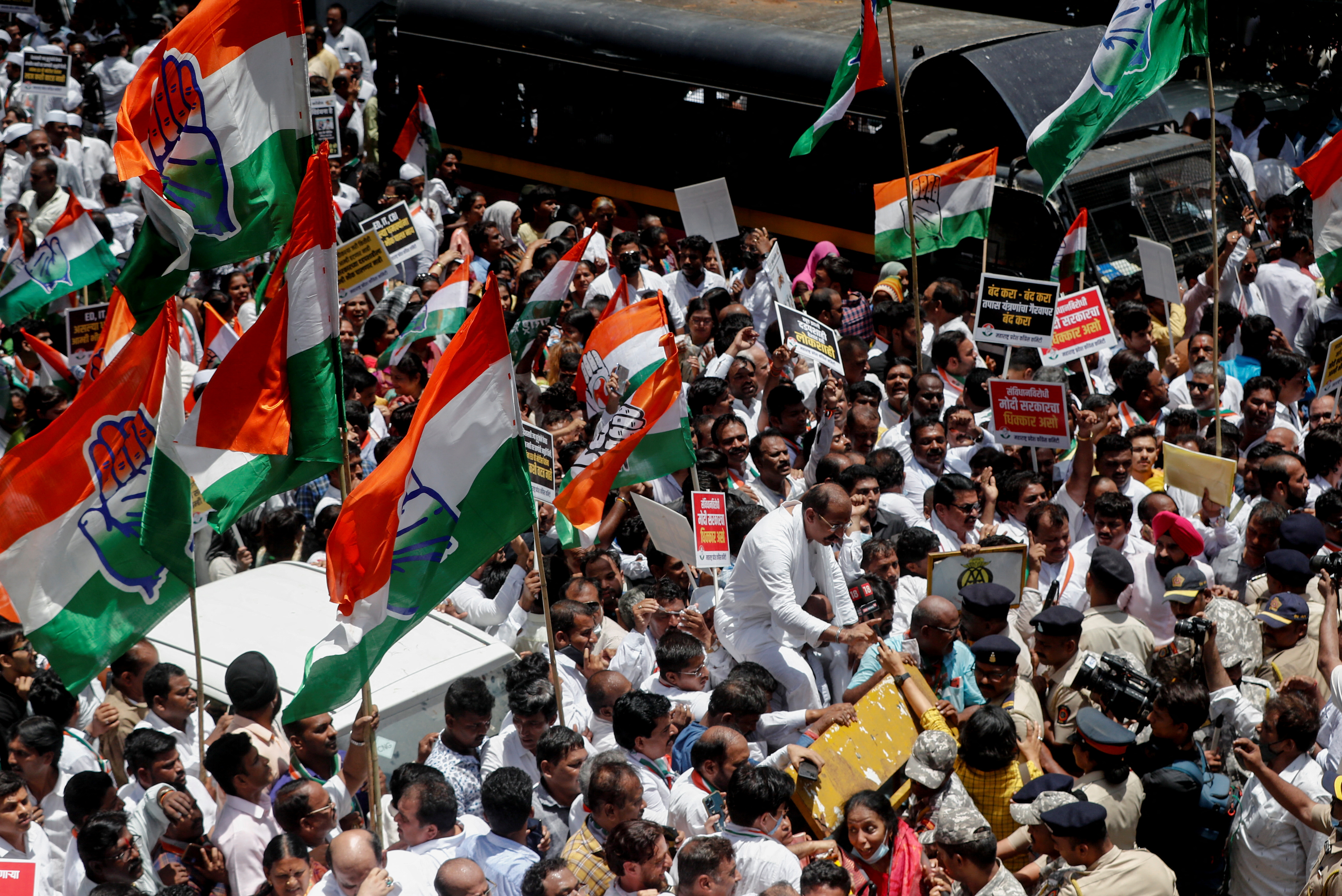 Police officers attempt to stop Congress supporters from entering the Enforcement Directorate office in Mumbai