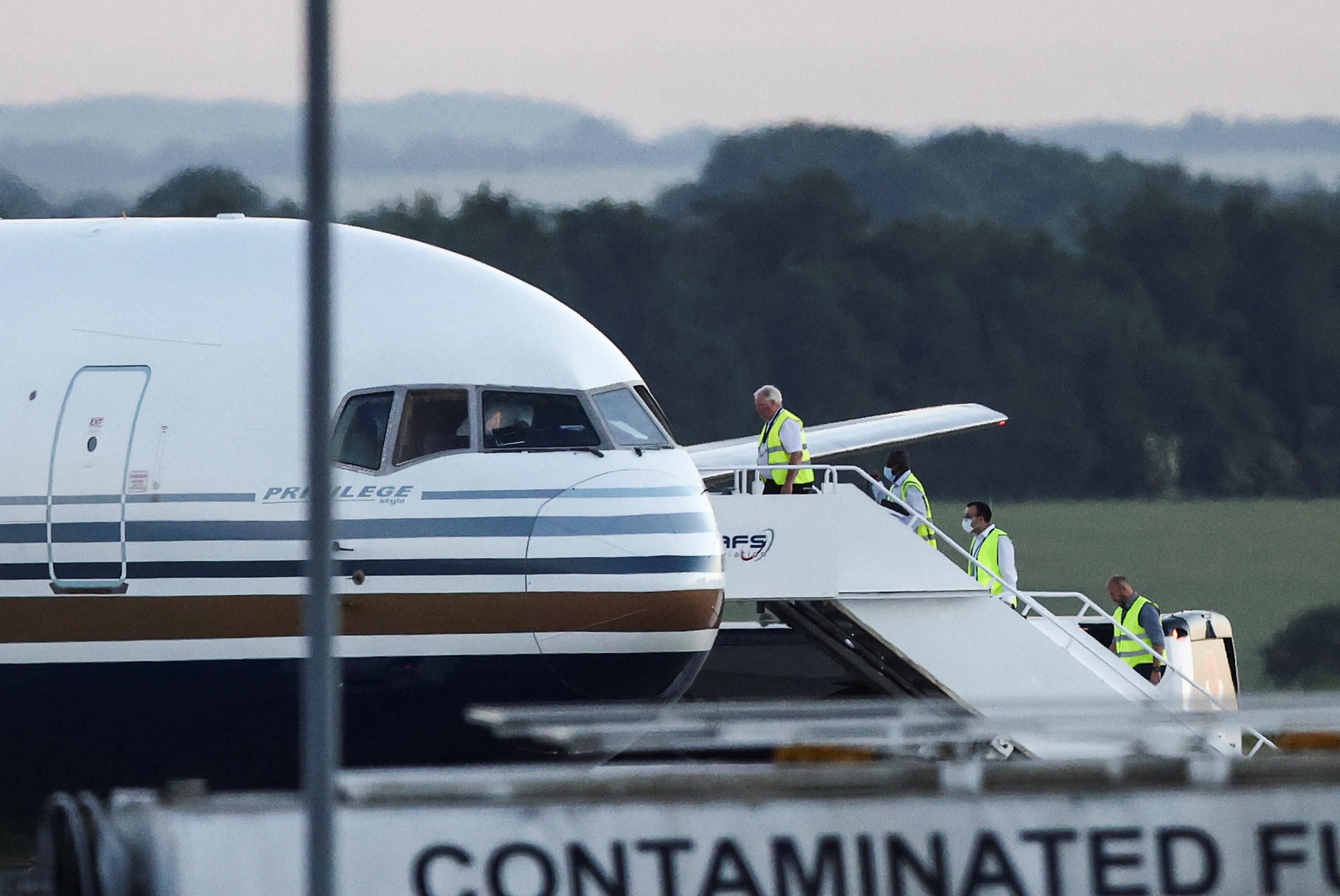 A plane that British media said would be the first to transport asylum seekers from the UK to Rwanda, at Boscombe Down airbase in Wiltshire, England, in 2022