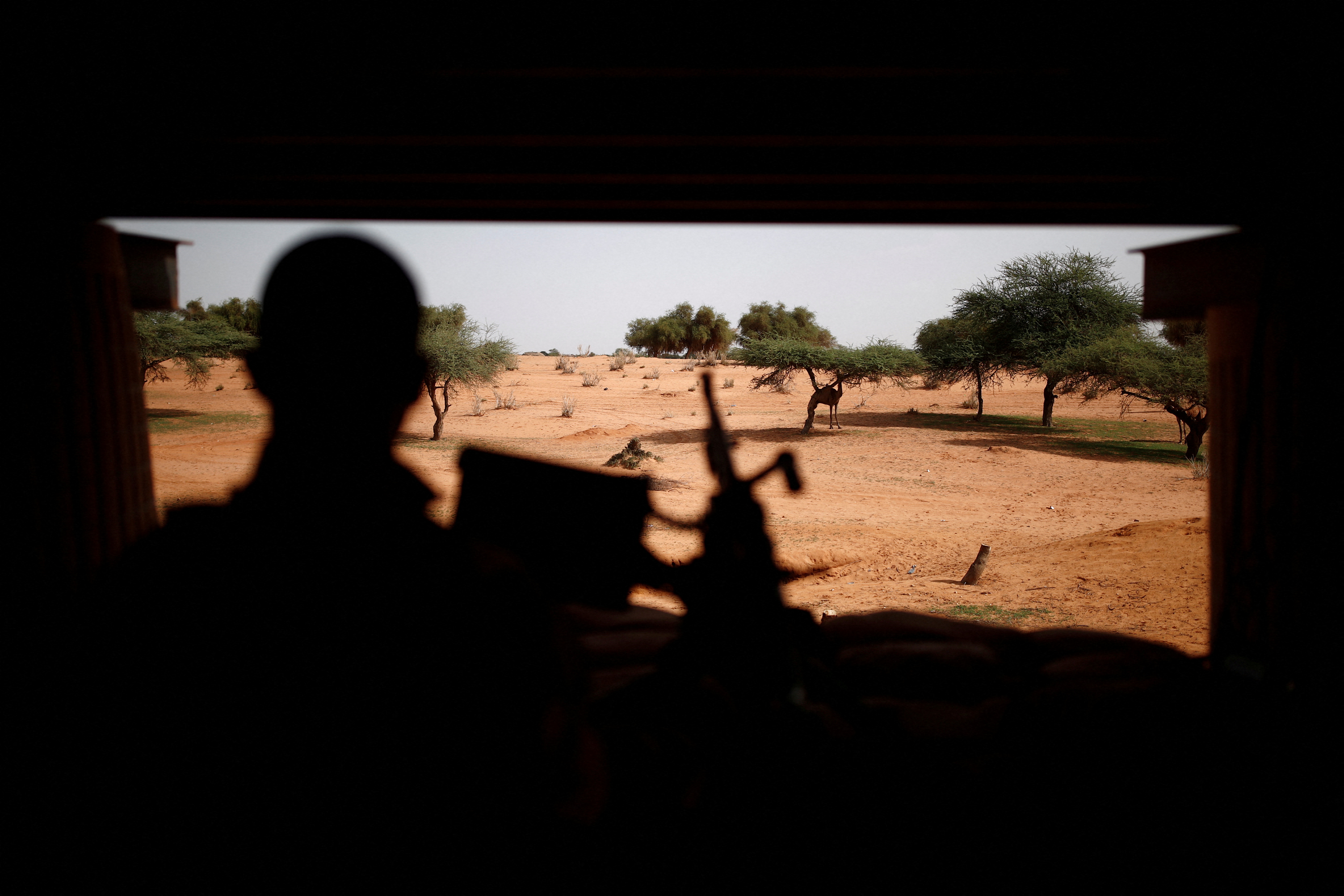A French soldier stands guard in a watchtower at the Relay Desert Platform Camp (PfDR) during Operation Barkhane in Gossi, Mali, July 30, 2019.
