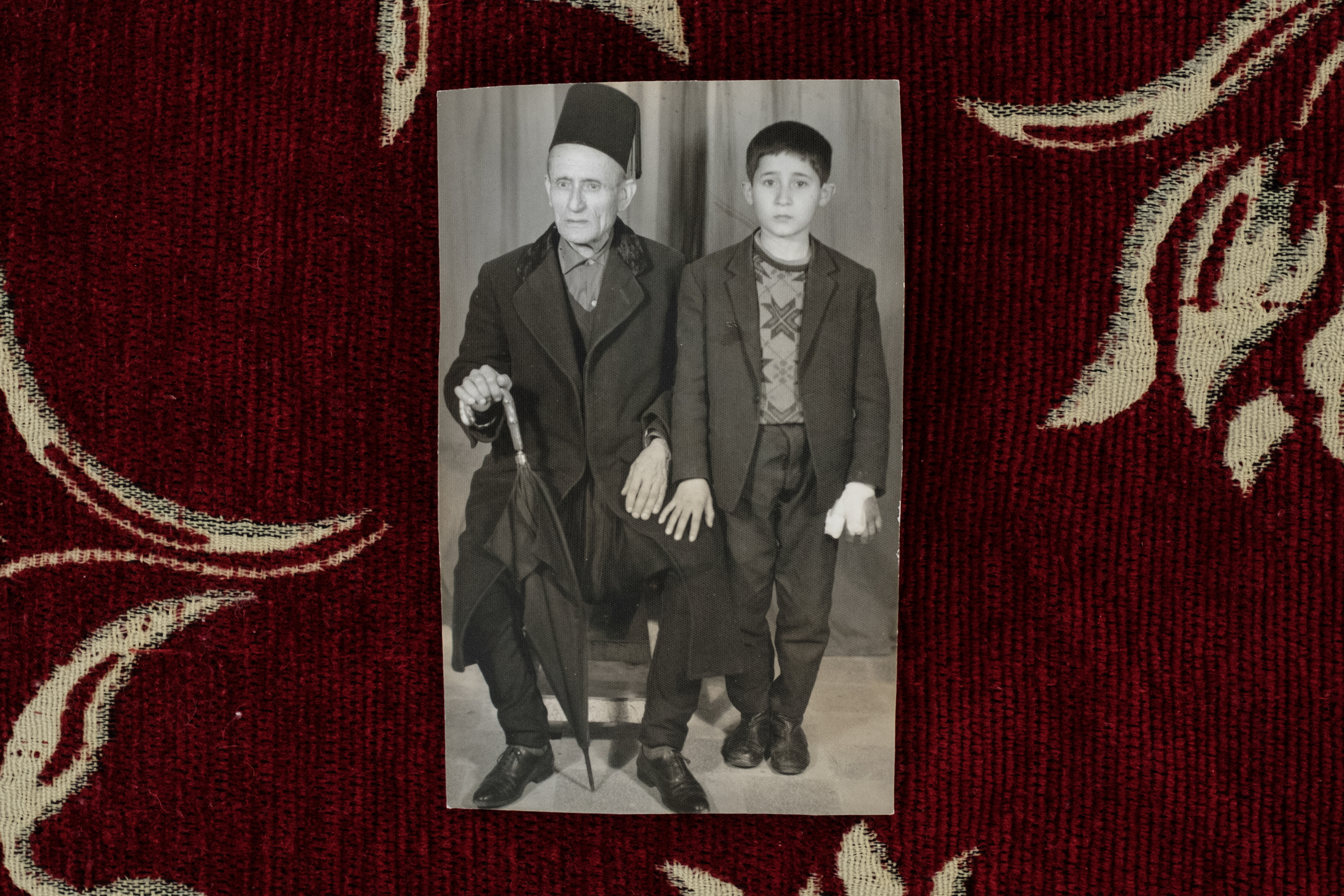 Portrait of Moussa Elias with his grandson. Moussa Elias has a different last name than Salma Moussa due to mayors in villages changing last names to fathers’ first names during that time period [Courtesy of Moussa family]
