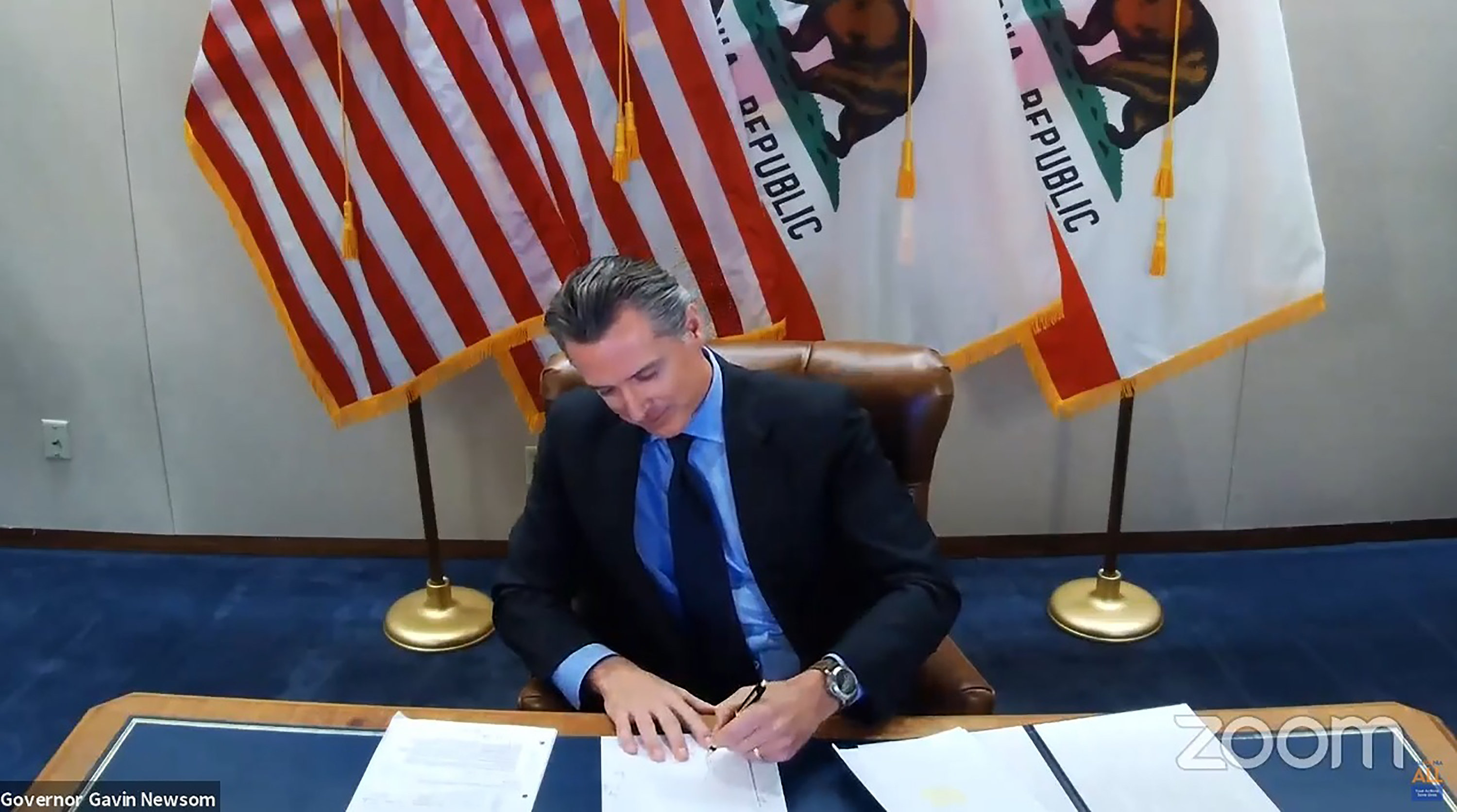 California’s Governor Gavin Newsom signed into law a bill that established a task force to come up with recommendations on how to give reparations to Black Americans on September 30, 2020, in Sacramento, California, US