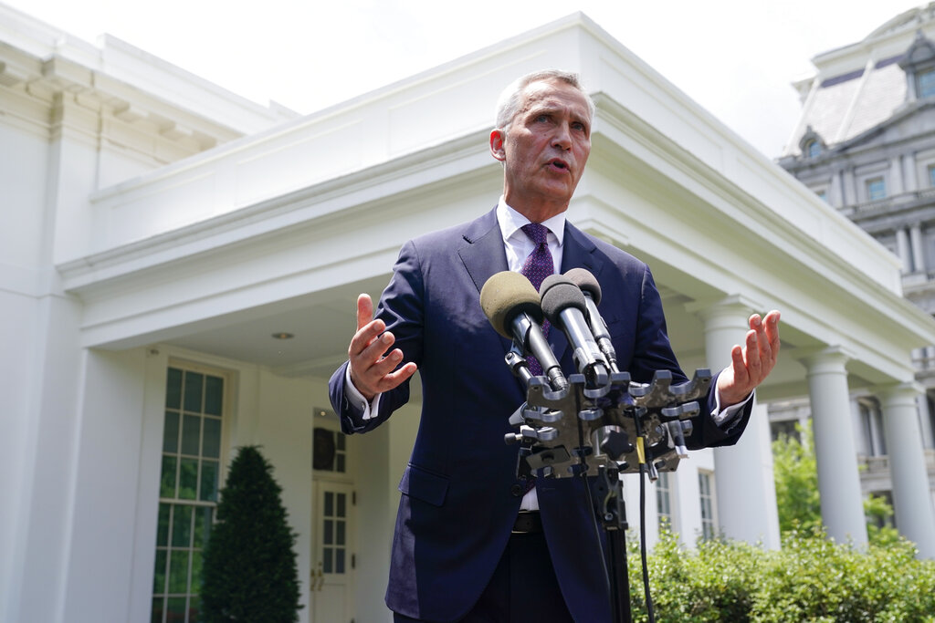 NATO Secretary-General Jens Stoltenberg talks to reporters outside the White House after meeting with President Joe Biden on Thursday, June 2, 2022, in Washington, DC