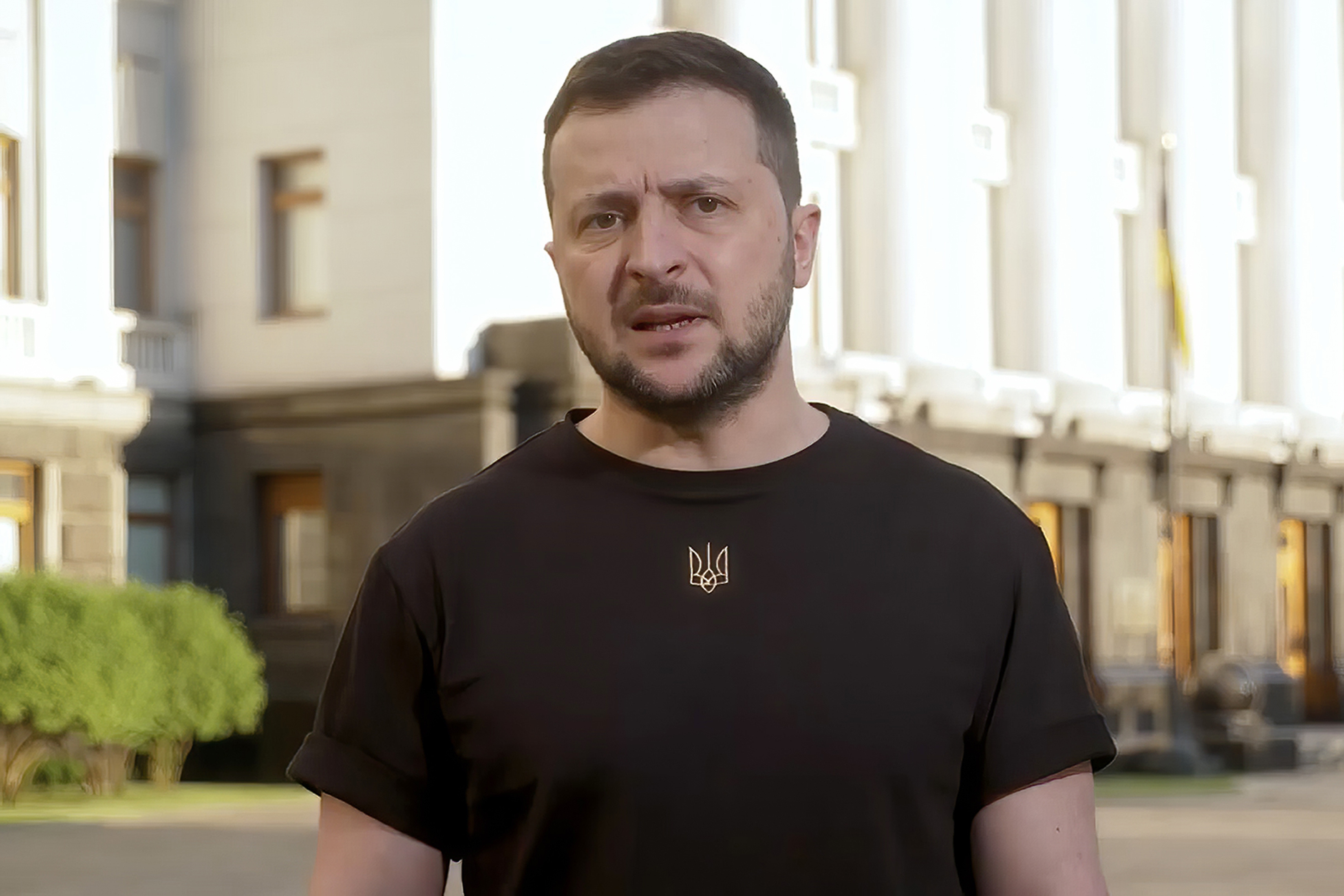 Ukrainian President Volodymyr Zelenskyy speaks from Kyiv in an address to mark 100 days since Russia invaded the country [Ukrainian Presidential Press Office via AP Photo]