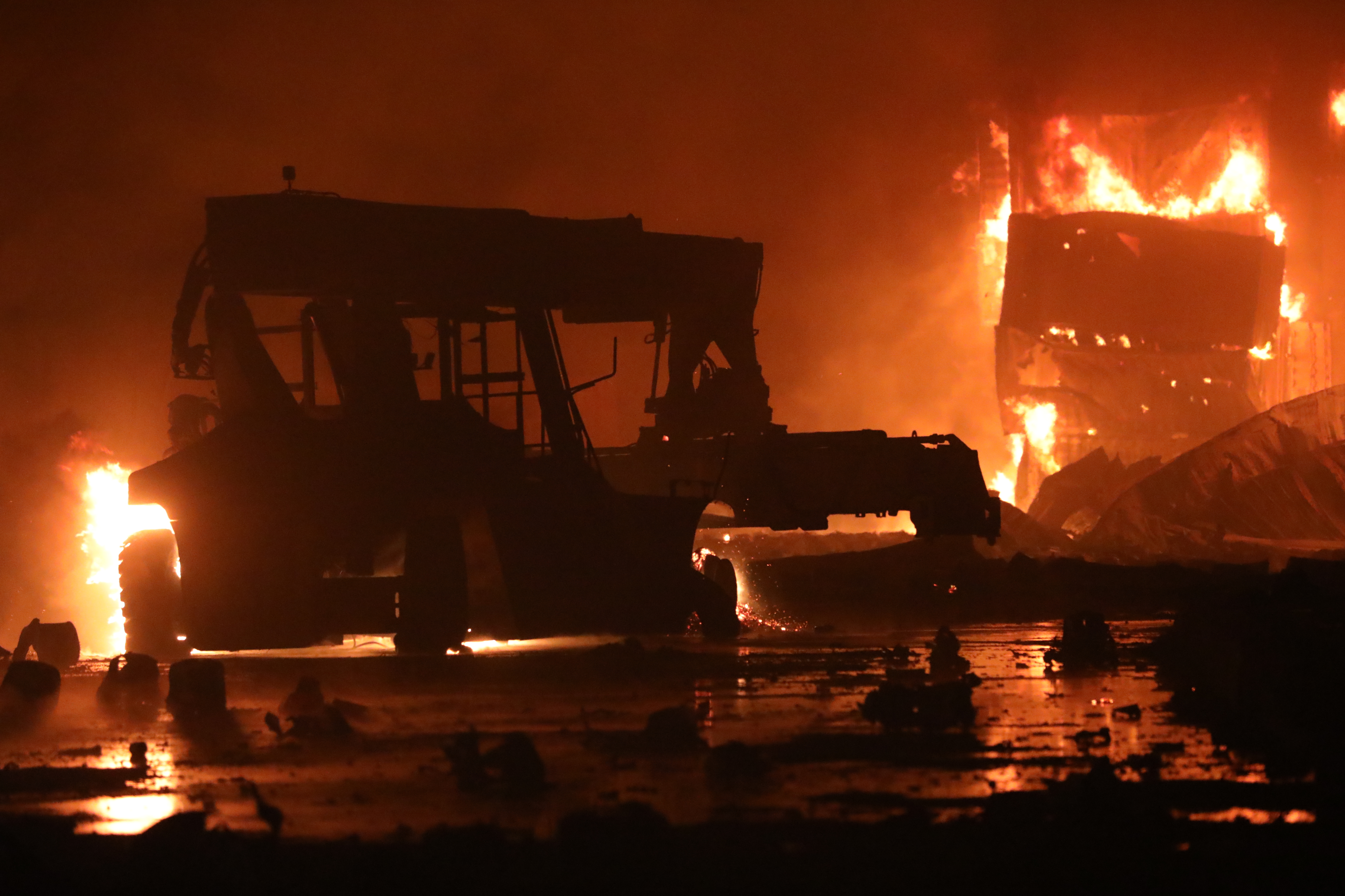 A fire rages at the BM Inland Container Depot