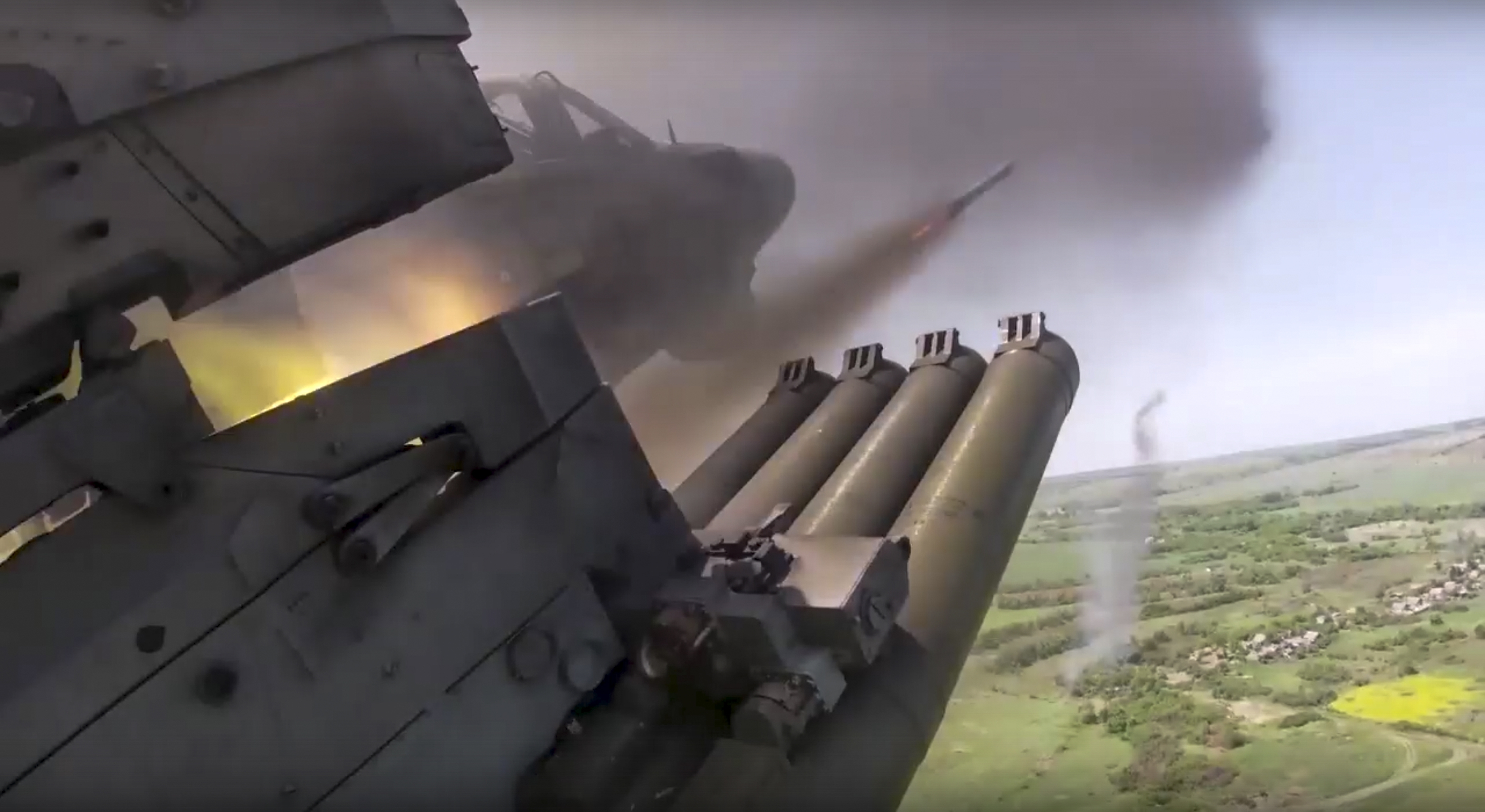 In this photo released by the Russian Defense Ministry Press Service on Saturday a Russian KA-52 helicopter gunship fires rockets on a mission at an undisclosed location in Ukraine [Russian Defense Ministry Press Service via AP]