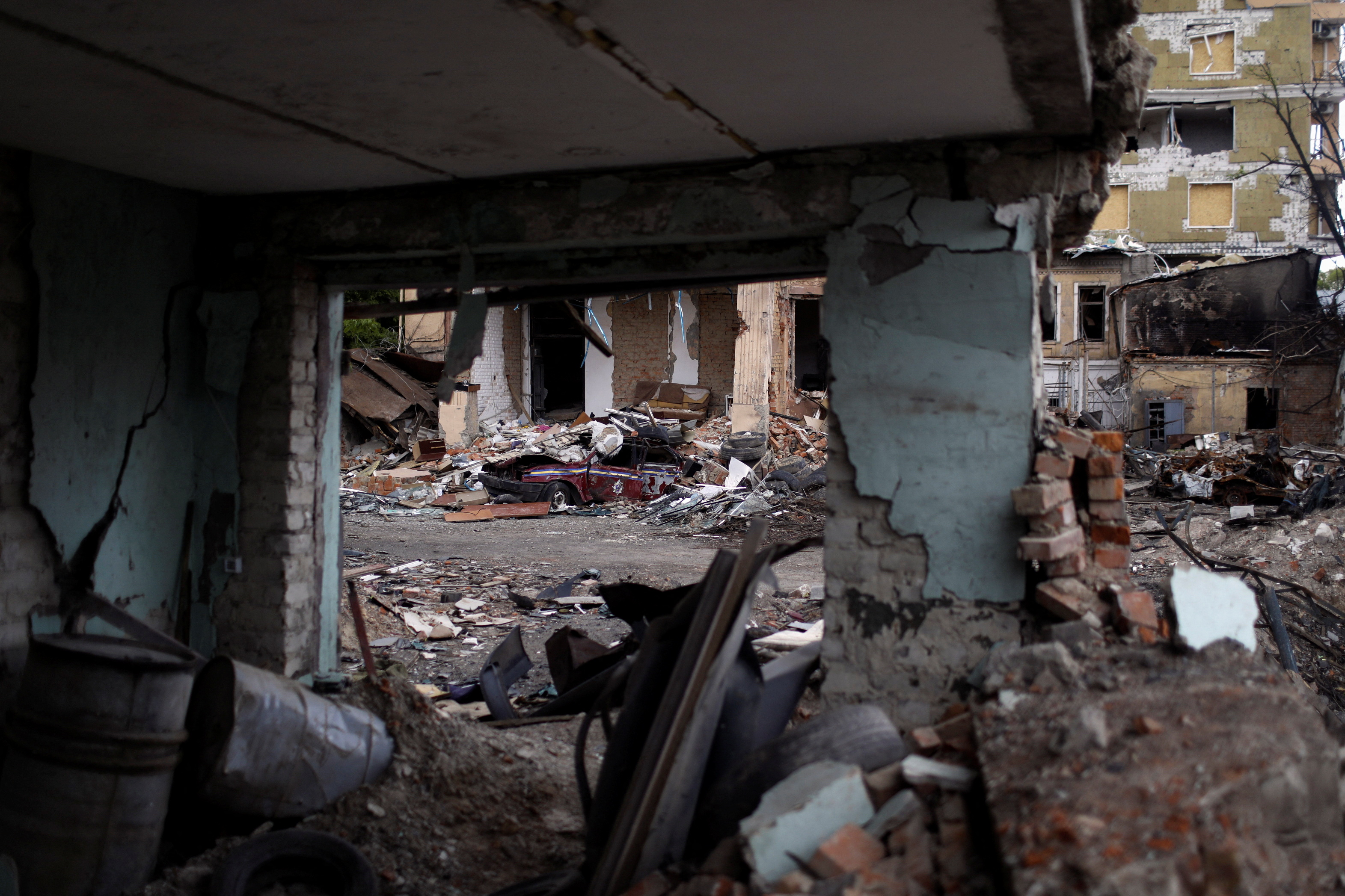 A residential area destroyed by a Russian bombing in Kharkiv, Ukraine, on May 15, 2022