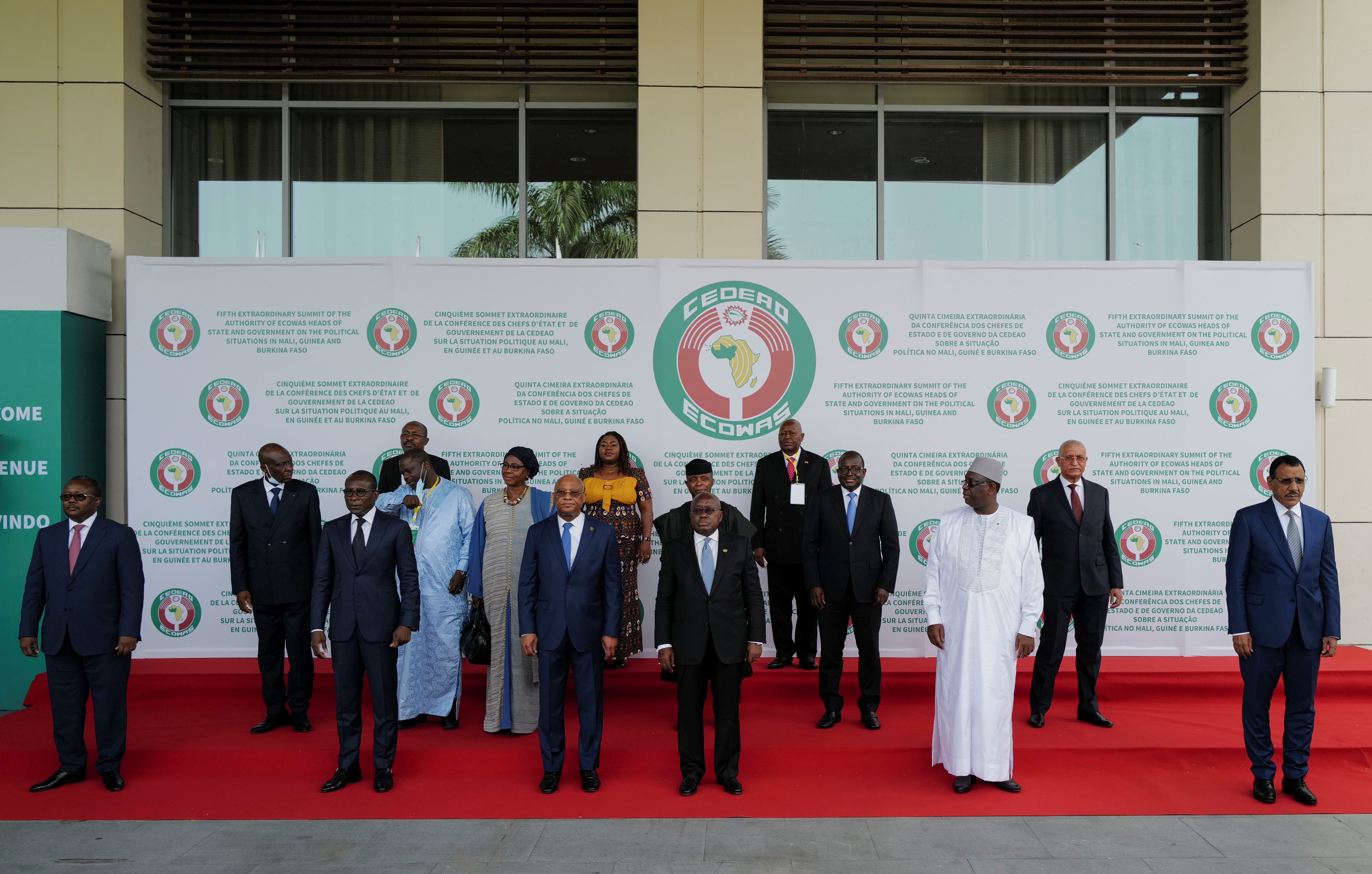Leaders from the Economic Community of West African States (ECOWAS) pose during an extraordinary summit to hear reports from the recent missions to Mali, Burkina Faso and Guinea, following military coups in those countries, in Accra, Ghana