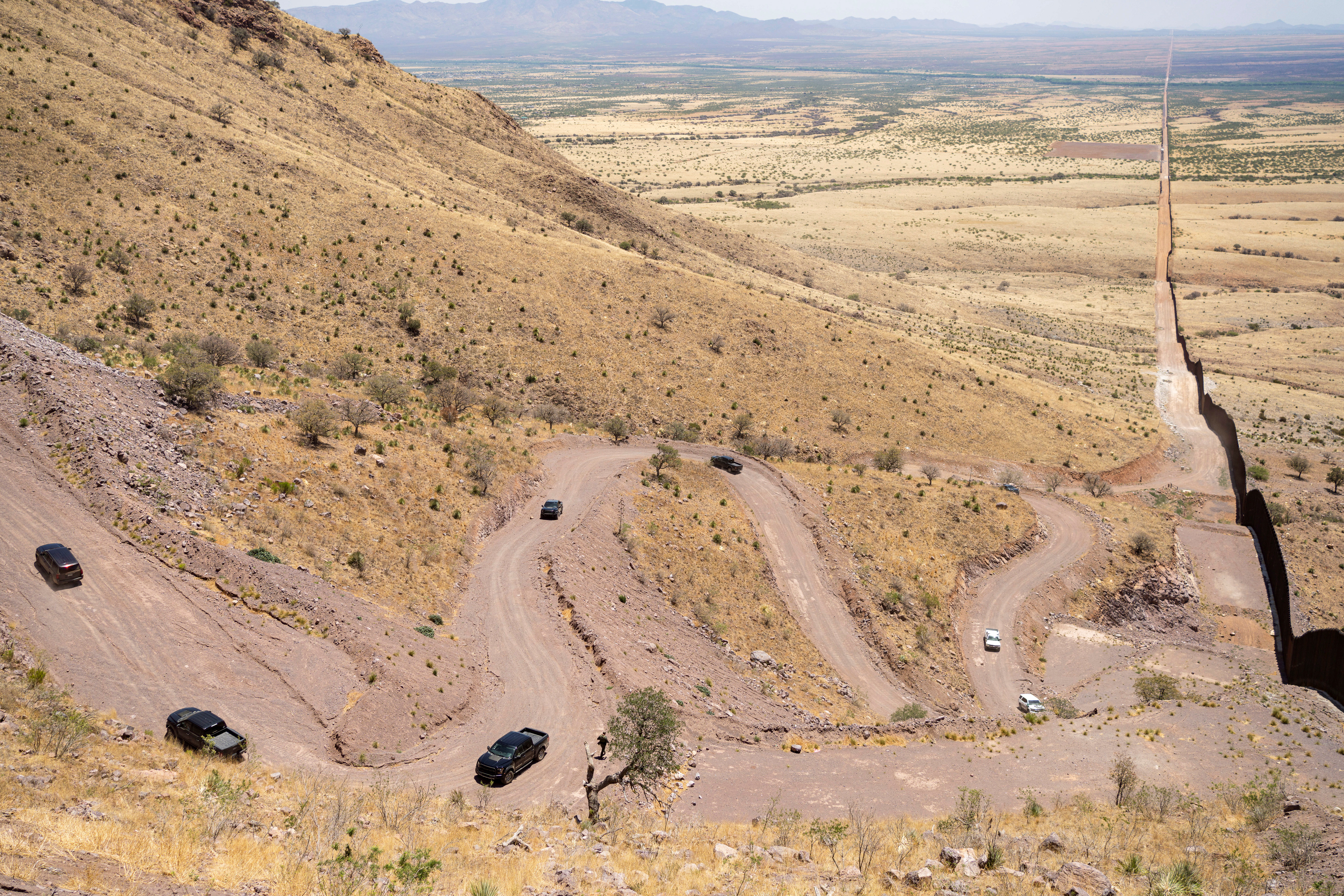 Former U.S. Vice President Mike Pence’s motorcade climbs up switchbacks during a tour of the U.S.-Mexico border in Cochise County south of Sierra Vista, Arizona, U.S.