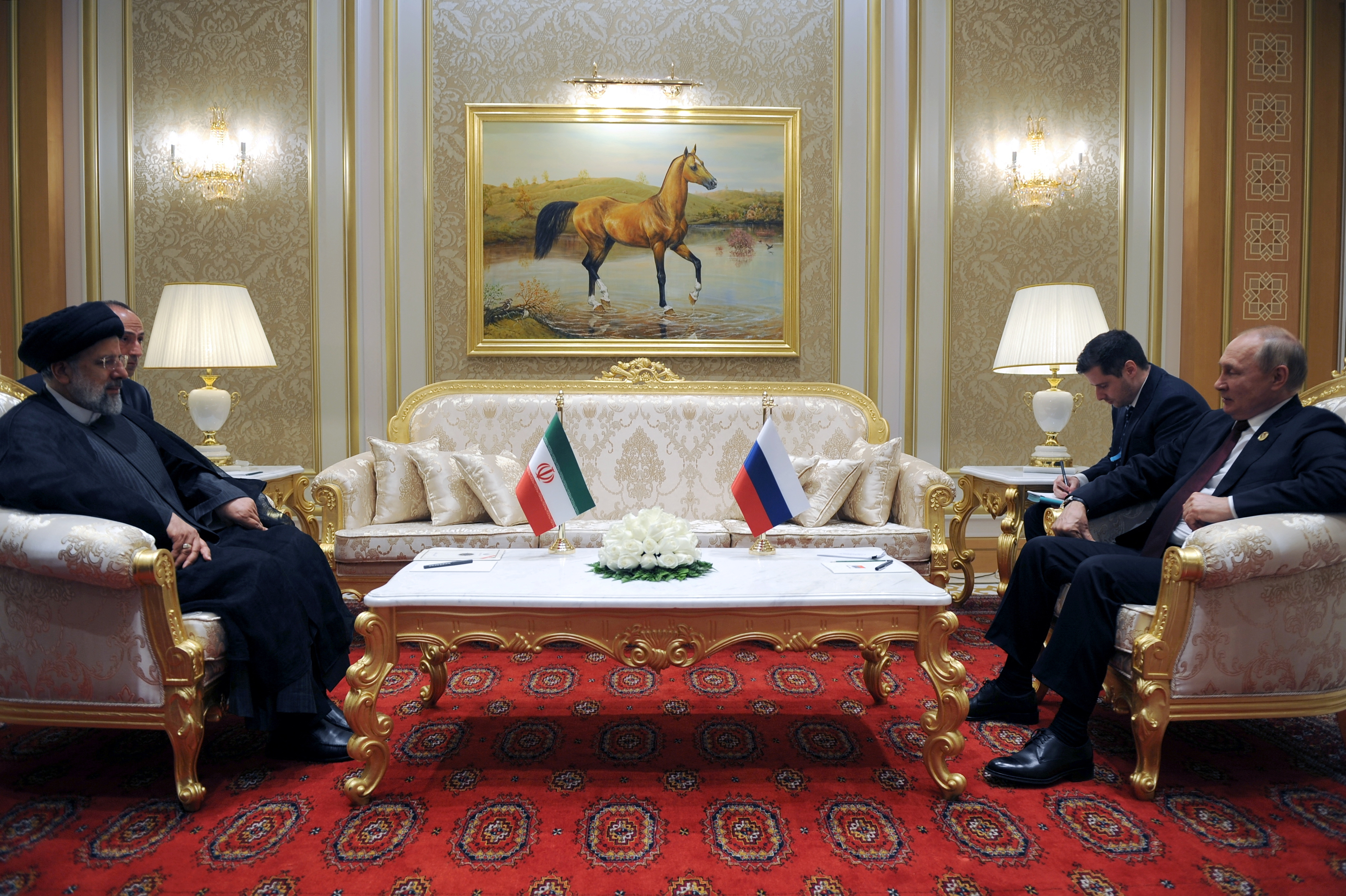 Russian President Vladimir Putin and Iranian President Ebrahim Raisi attend a meeting on the sidelines of Caspian Summit in Ashgabat, Turkmenistan, June 29, 2022 [Kremlin via Reuters]
