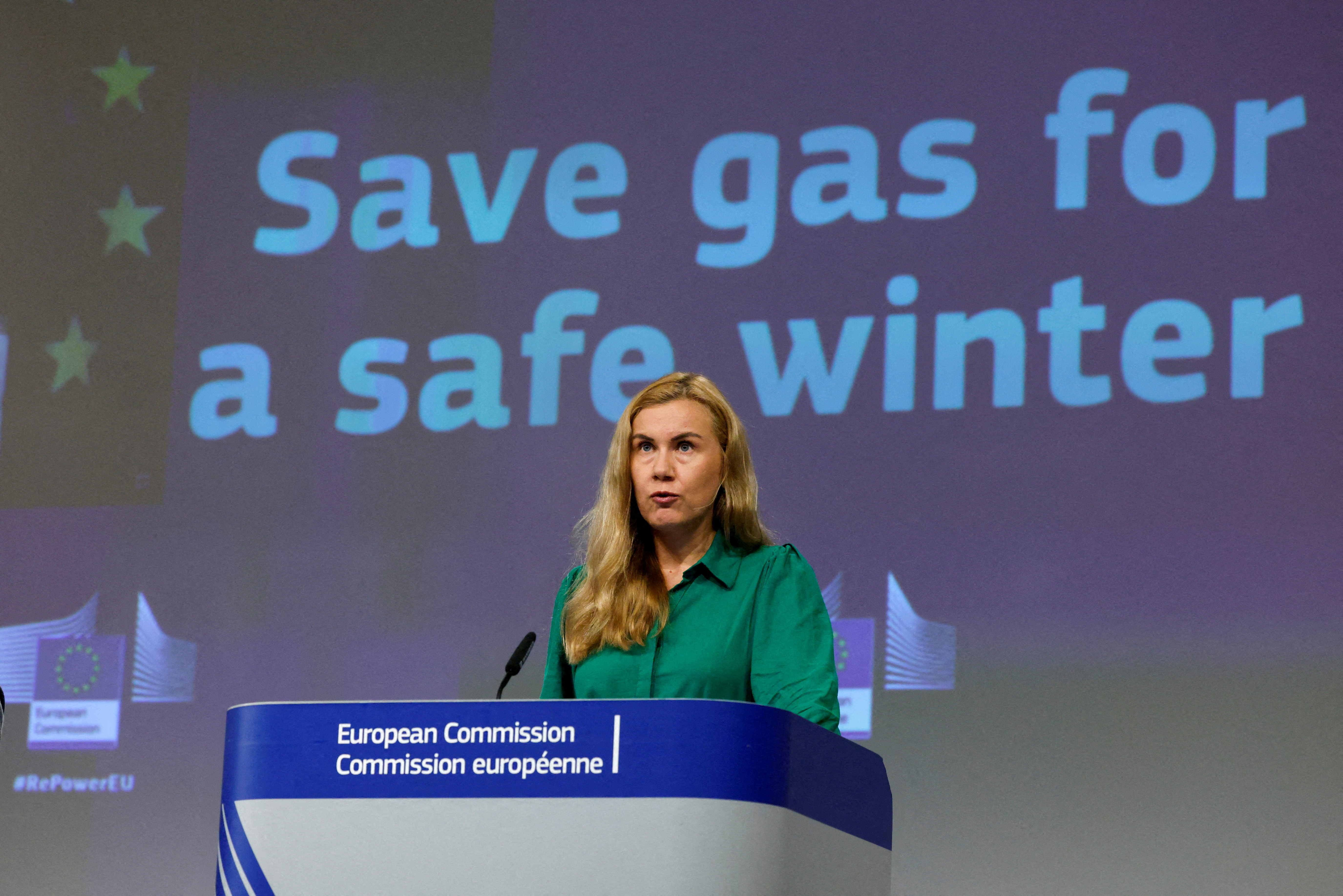 European Commissioner Kadri Simson speaks at a news conference in Brussels.