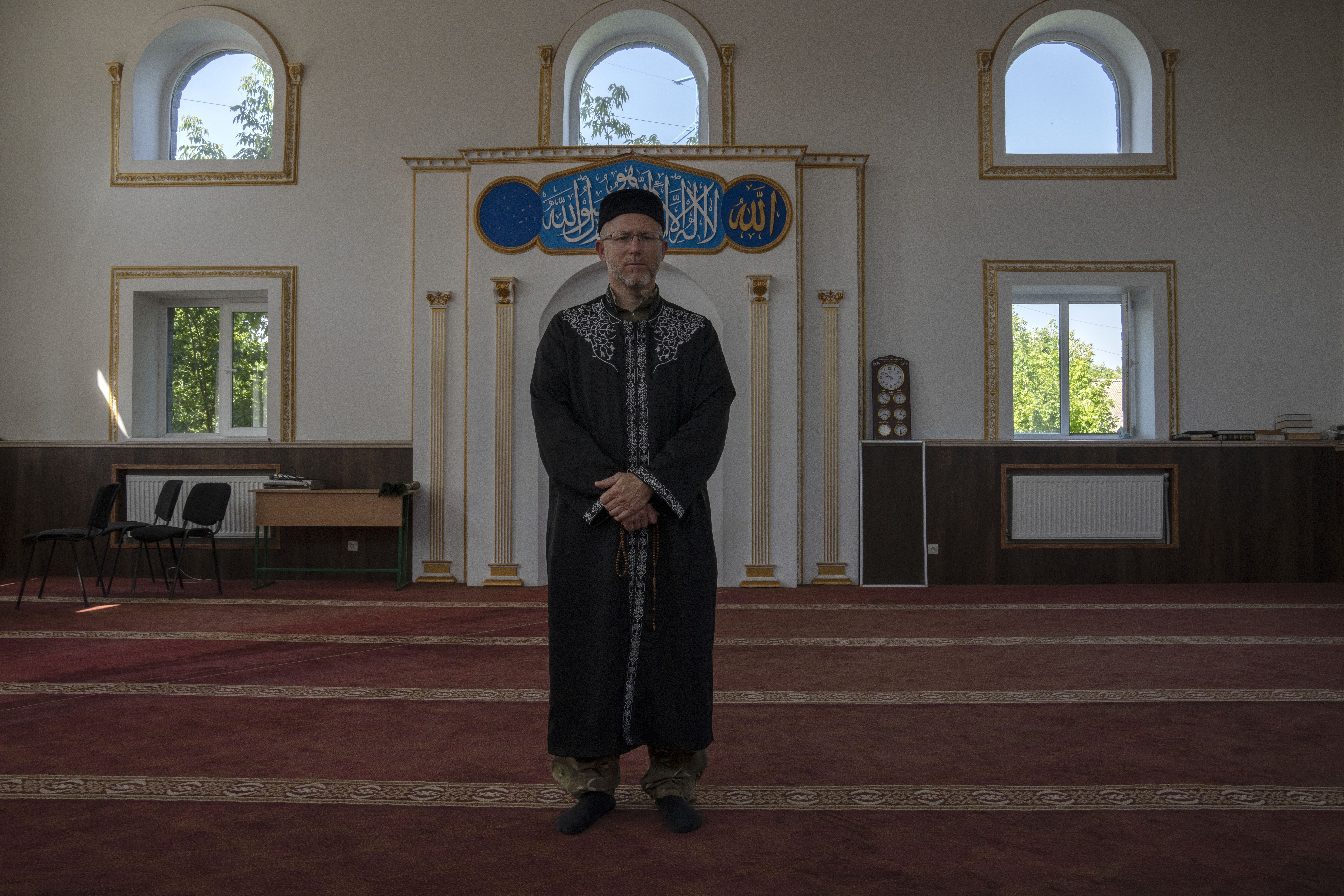 Mufti-turned-fighter Sheikh Said Ismahilov stands in Medina Mosque, Kostiantynivka in eastern Ukraine