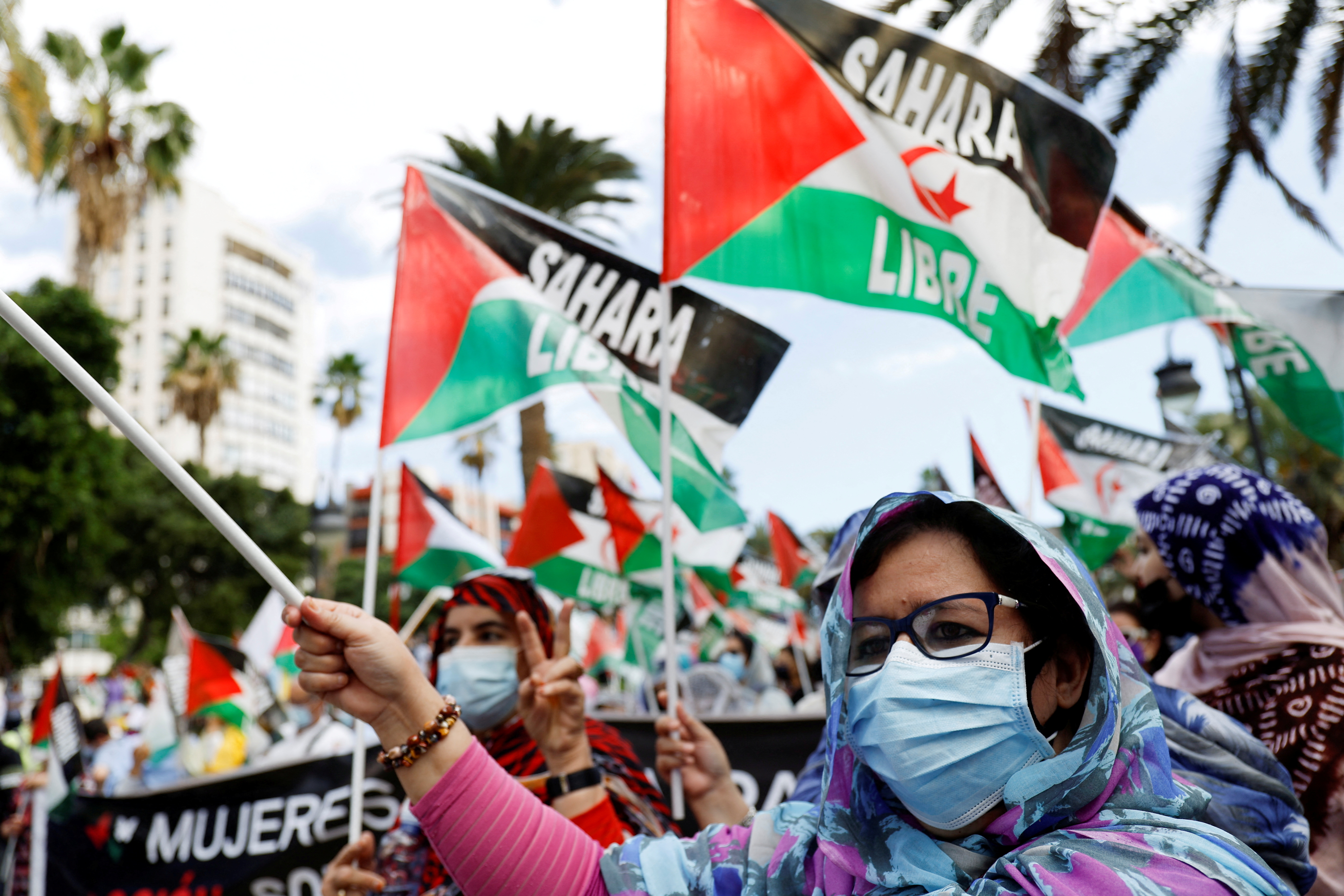 People protesting in Spain over its changed position on Western Sahara
