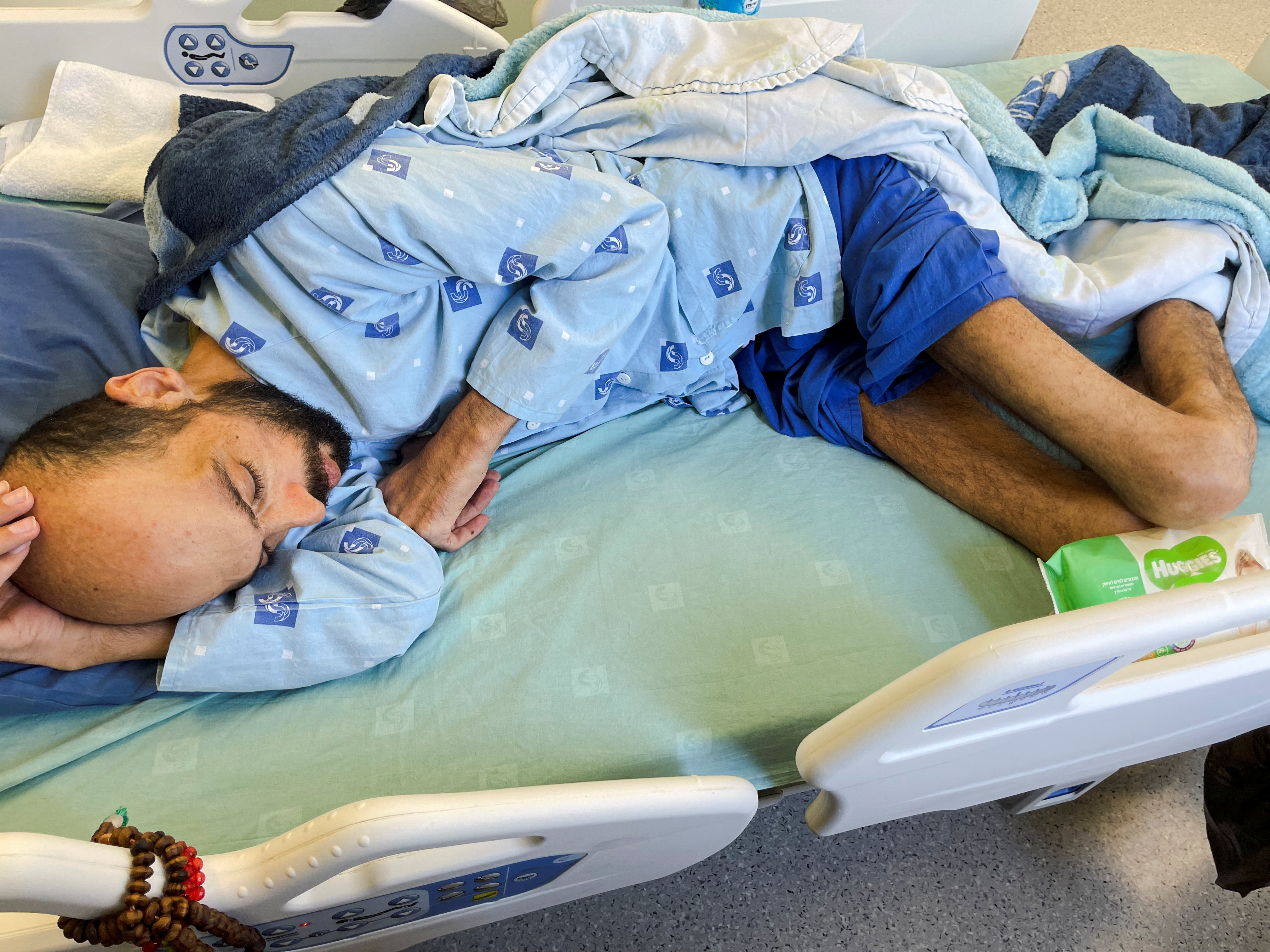 Palestinian administrative prisoner Khalil Awawdeh, who has been on a hunger strike for more than 160 days, is seen at Assaf Harofeh hospital in Be'er Ya'akov, Israel