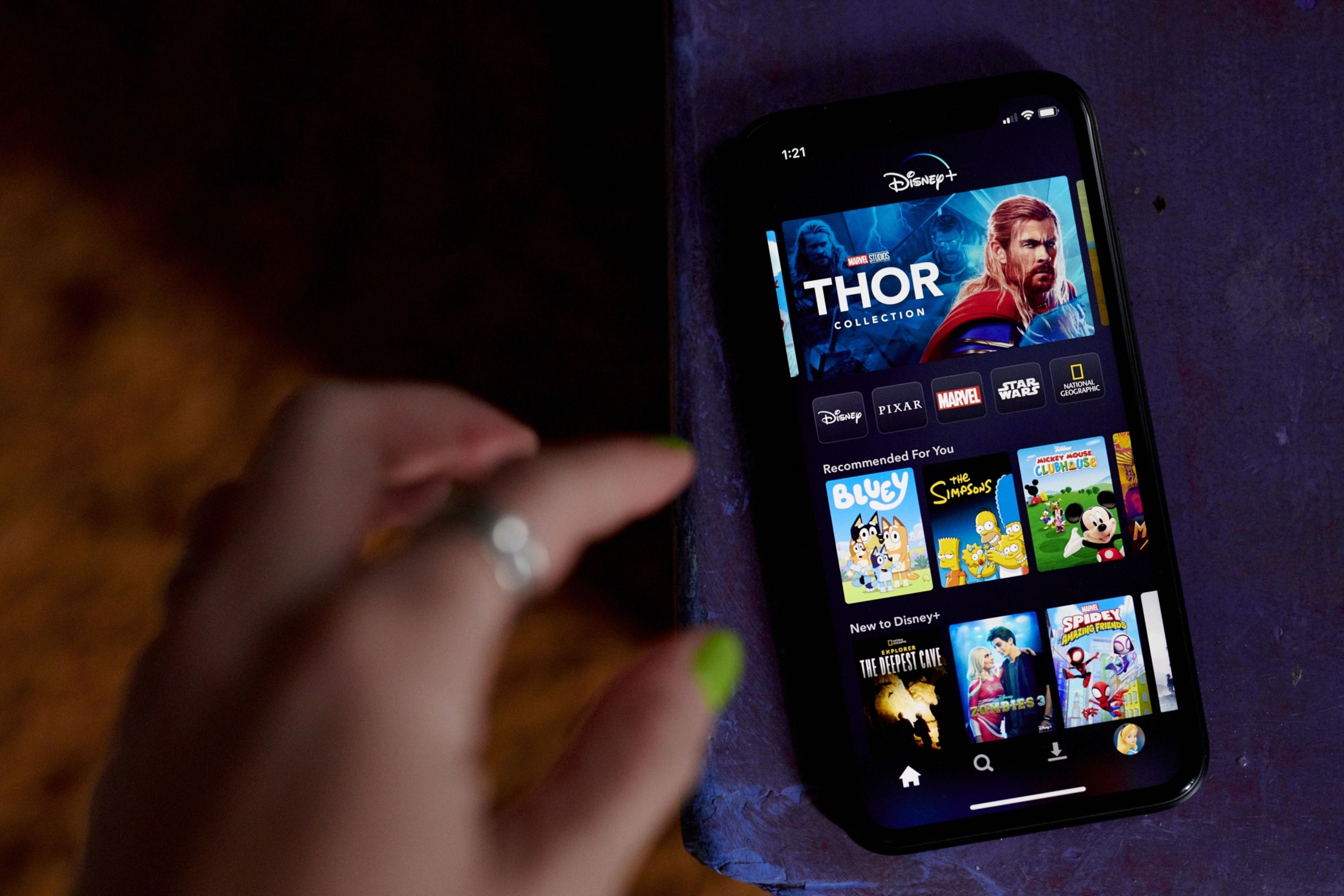 The Disney+ website on a smartphone in the Brooklyn borough of New York, US