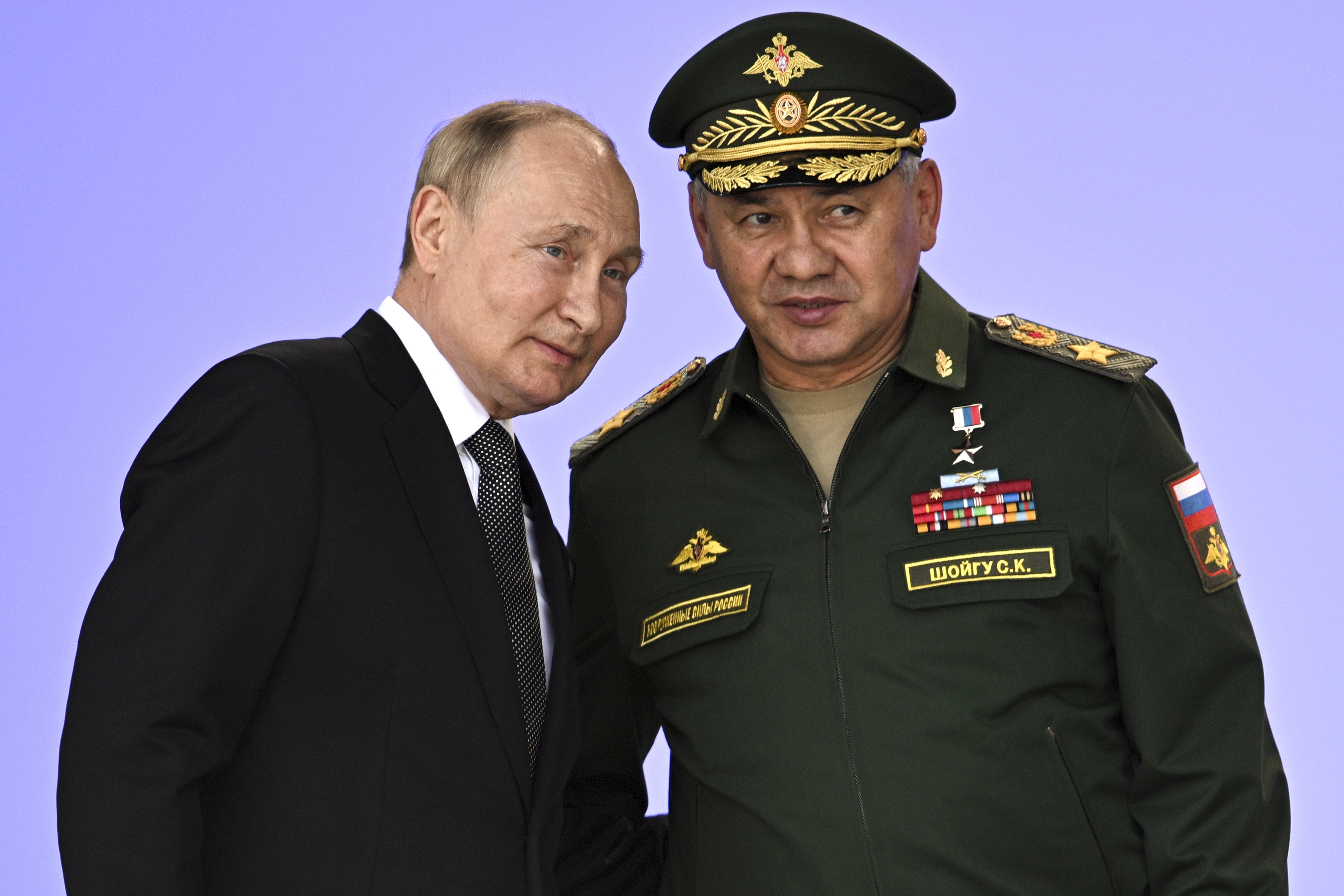 The Russian Defence Minister Sergei Shoigu, right, dismissed allegations that Moscow could potentially use nuclear or chemical weapons in the conflict as an ‘absolute lie’ [Sputnik, Kremlin Pool Photo via AP]