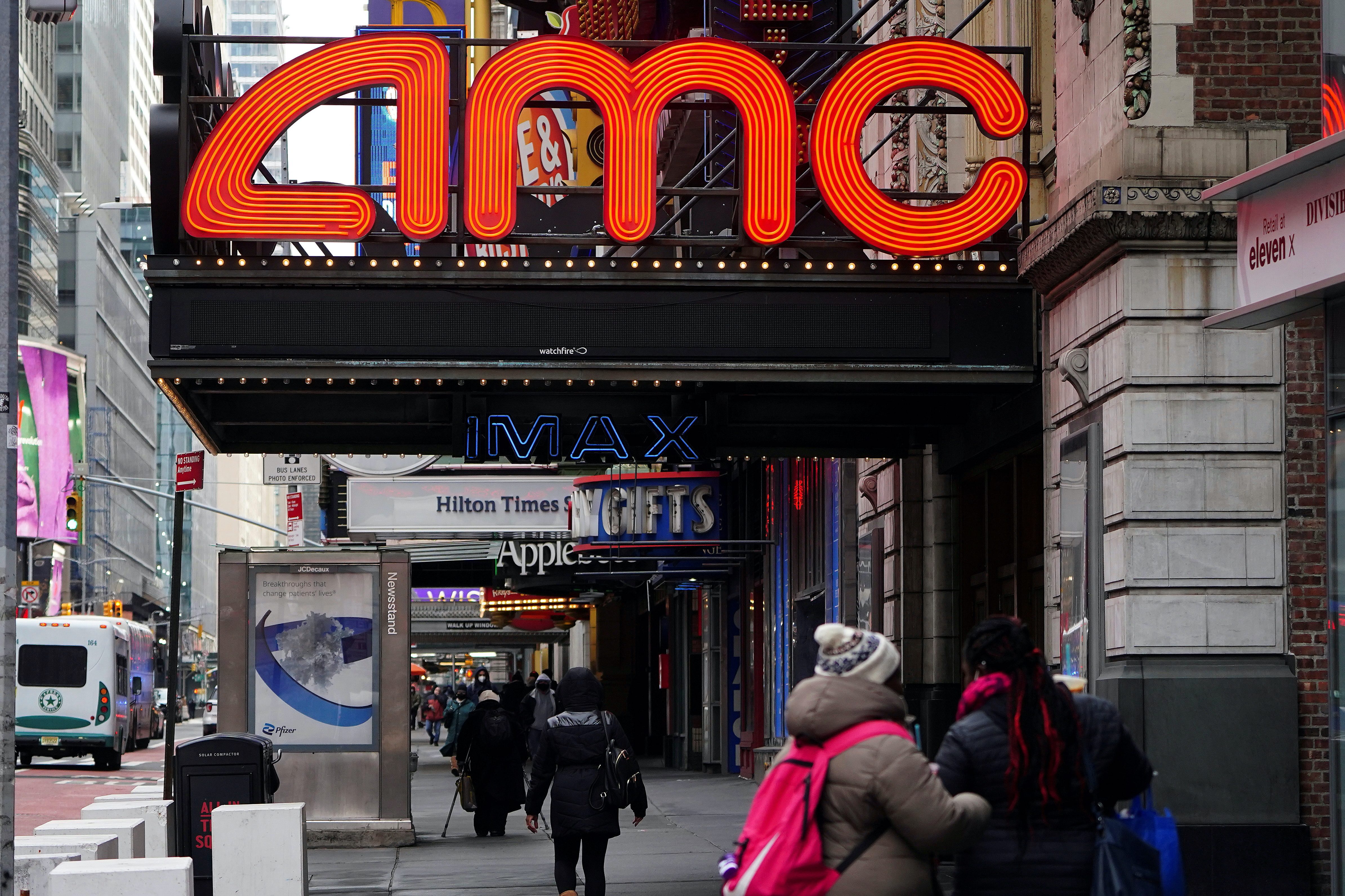 An AMC theatre is pictured in the Manhattan borough of New York City, New York, US the chain became a meme stock in 2021 and used the capital to rebuild its business