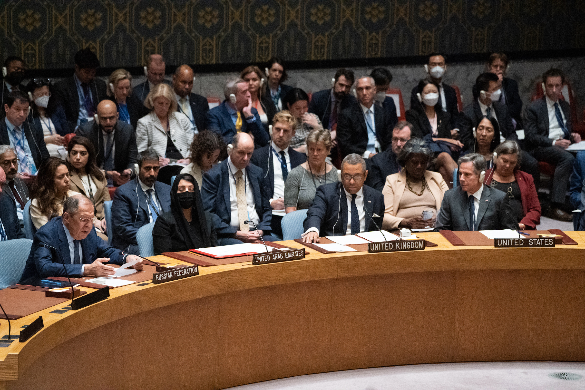 Russia’s foreign minister Sergey Lavrov, left, speaks at a Security Council meeting on the Russian invasion of Ukraine as US Secretary of State Antony Blinken, right, listens