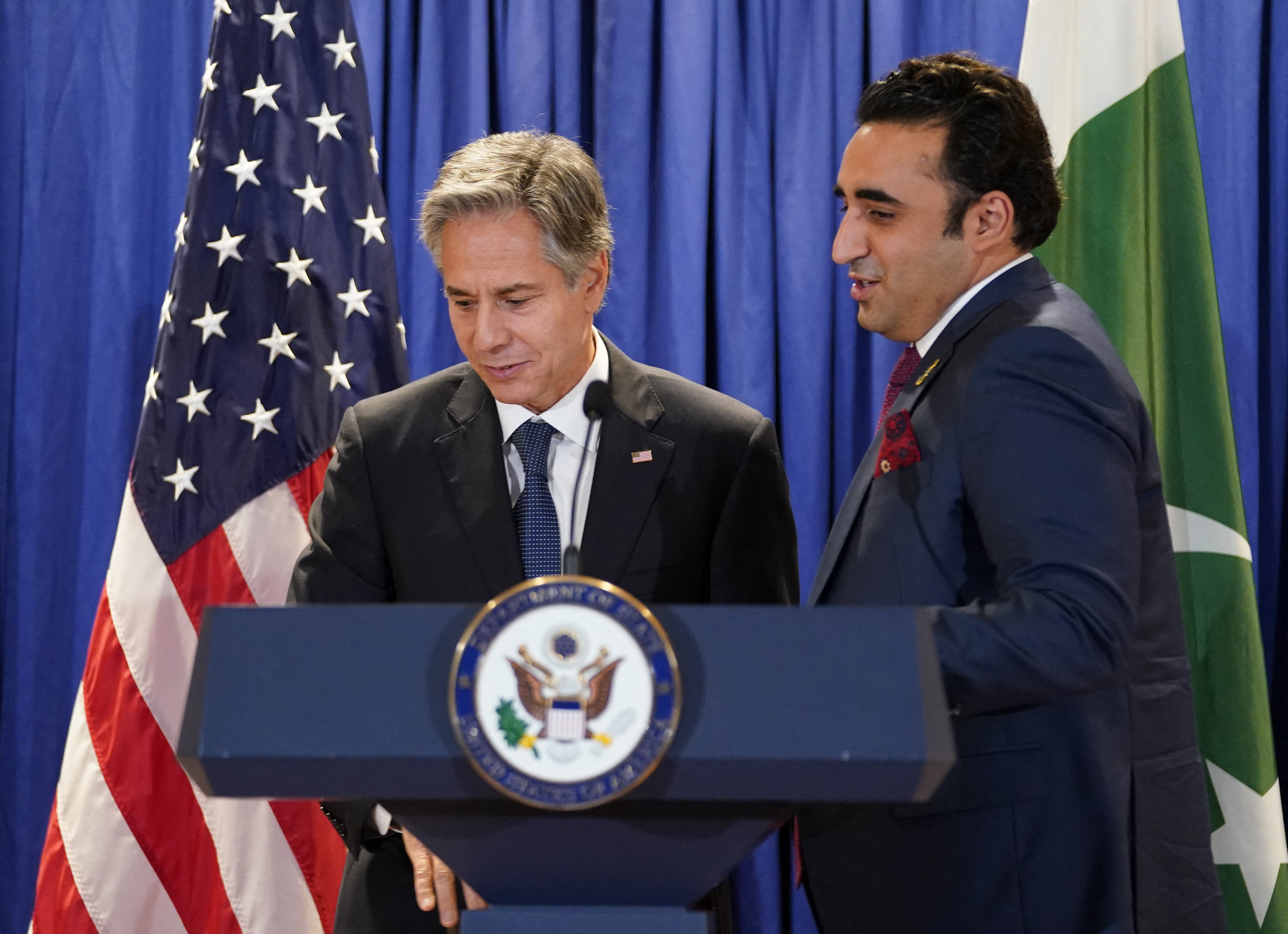 Blinken, (left), and Bhutto Zardari trade places to deliver remarks after their meeting in Washington on Monday