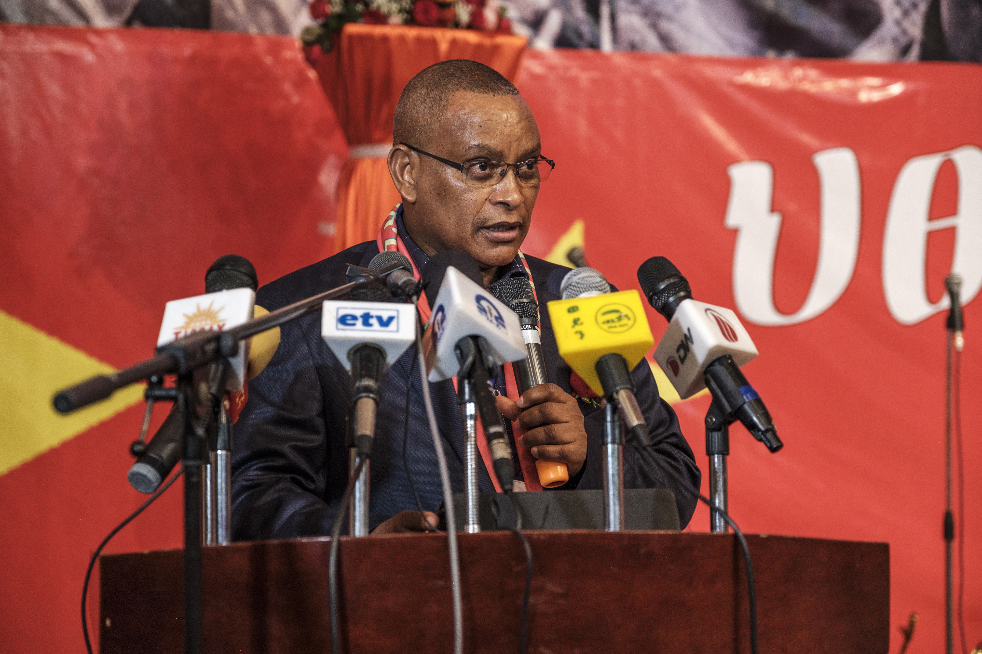 Debretsion Gebremichael, Chairman of the Tigray People's Liberation Front (TPLF) addresses the public during the TPLF First Emergency General Congress in the city of Mekelle, Ethiopia, on January 04, 2020. (Photo by EDUARDO SOTERAS / AFP)