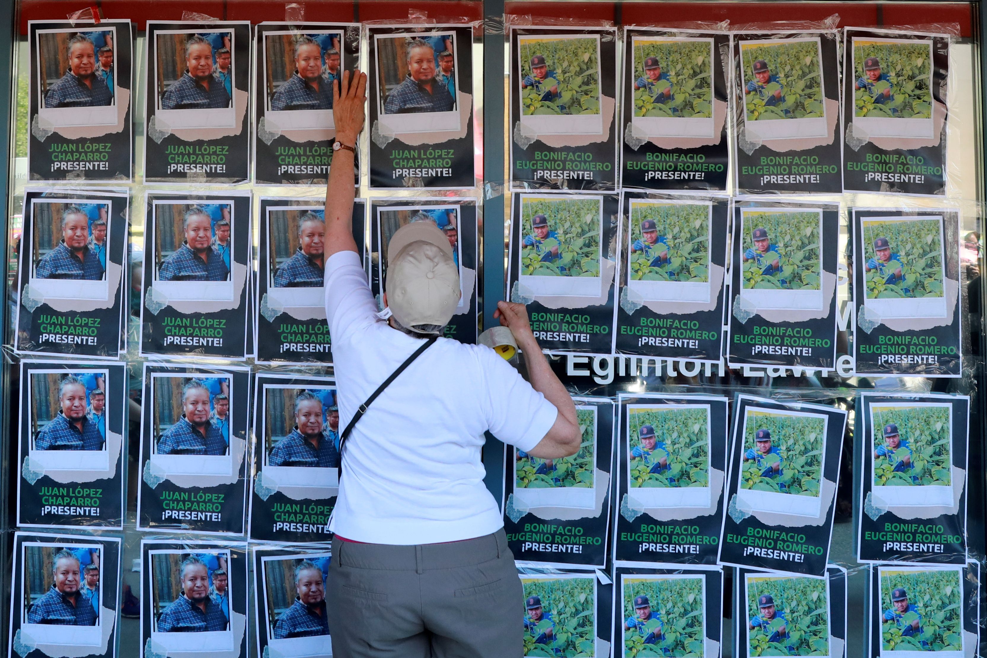 Supporters tape up photos of migrant workers Juan Lopez Chaparro and Bonifacio Eugenio-Romero, who died from COVID-19, during a protest in Toronto in 2020
