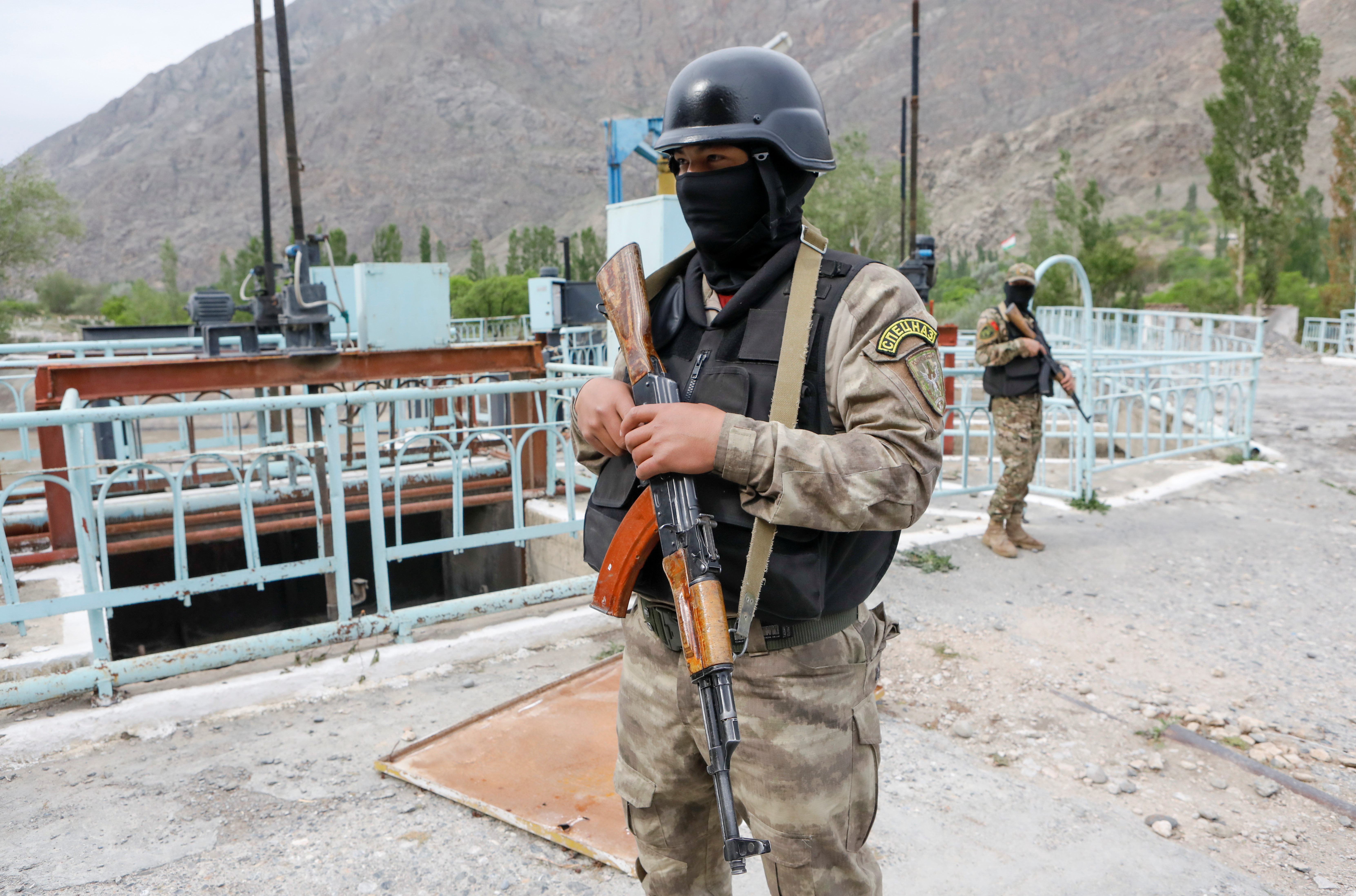 Service members of Kyrgyz special operations forces stand guard