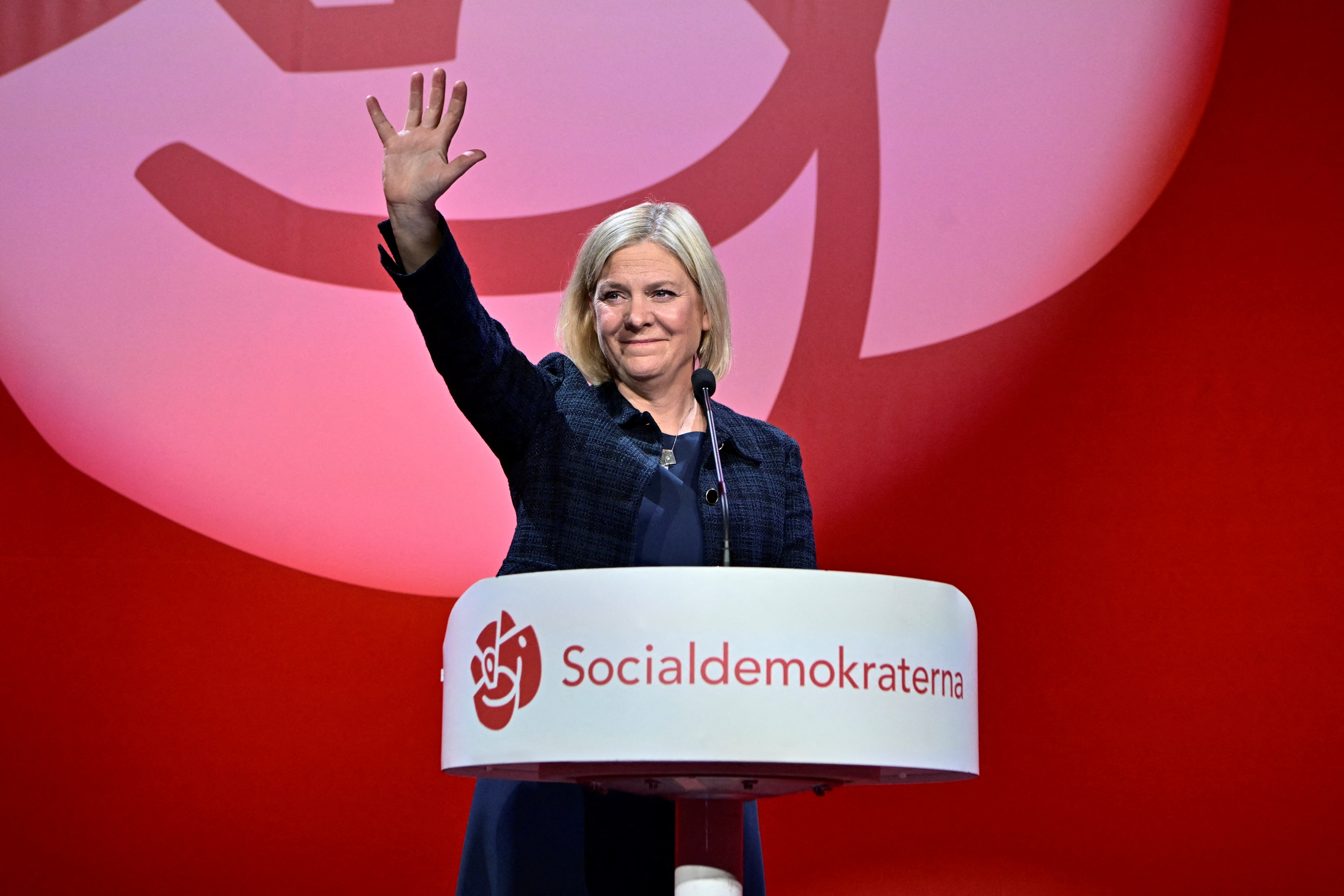 Prime Minister and Social Democratic party leader Magdalena Andersson speaks to supporters after Sunday’s election. She says the result is too close for her to concede defeat