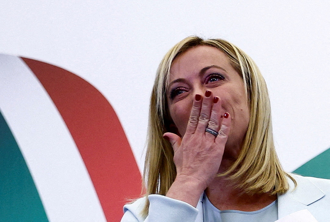 Leader of Brothers of Italy Giorgia Meloni reacts at the party's election night headquarters, in Rome, Italy September 26, 2022.