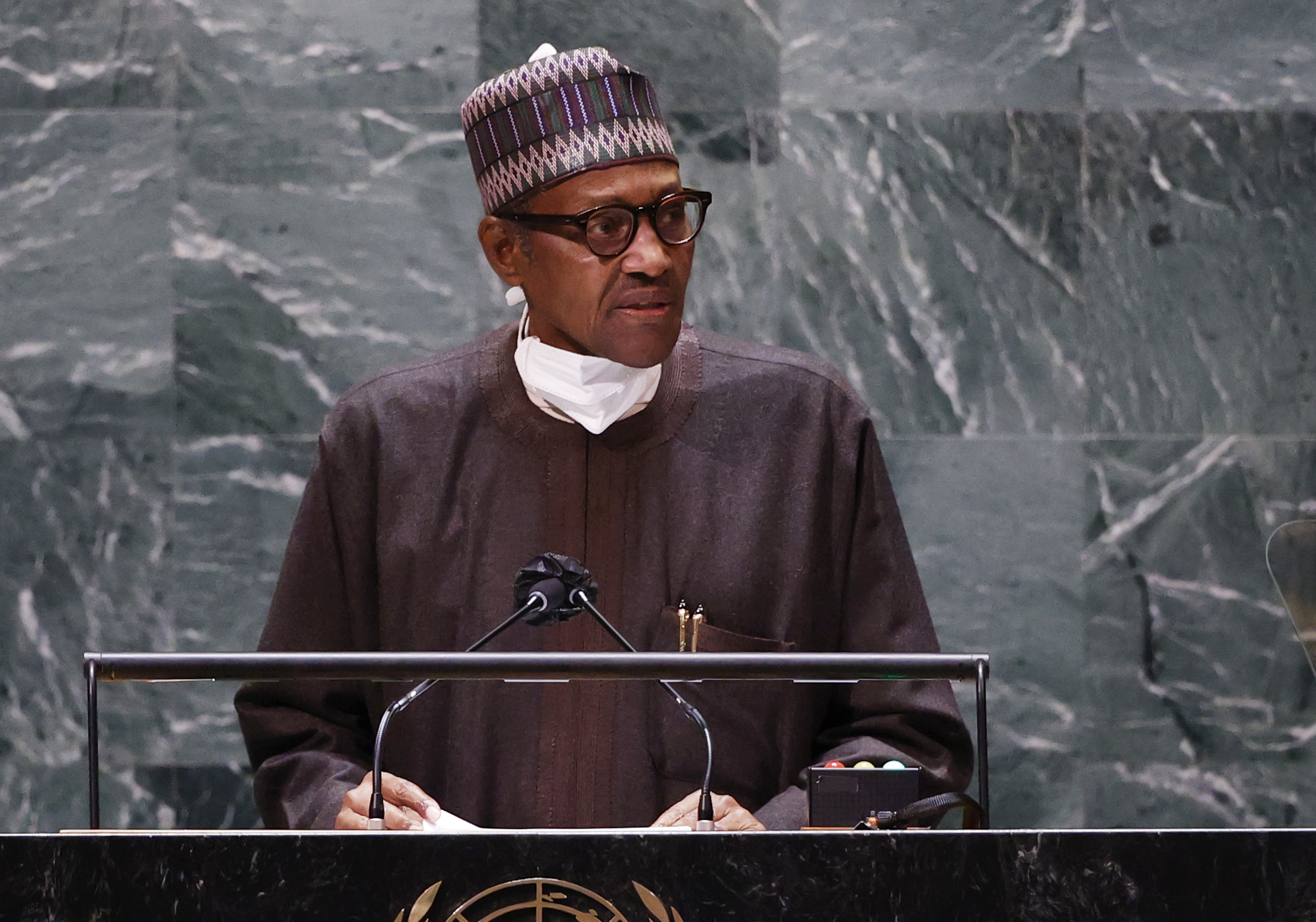 President of Nigeria, Muhammadu Buhari addresses the 77th Session of the UNGA at United Nations headquarters in New York, on Friday [John Angelillo via AP]
