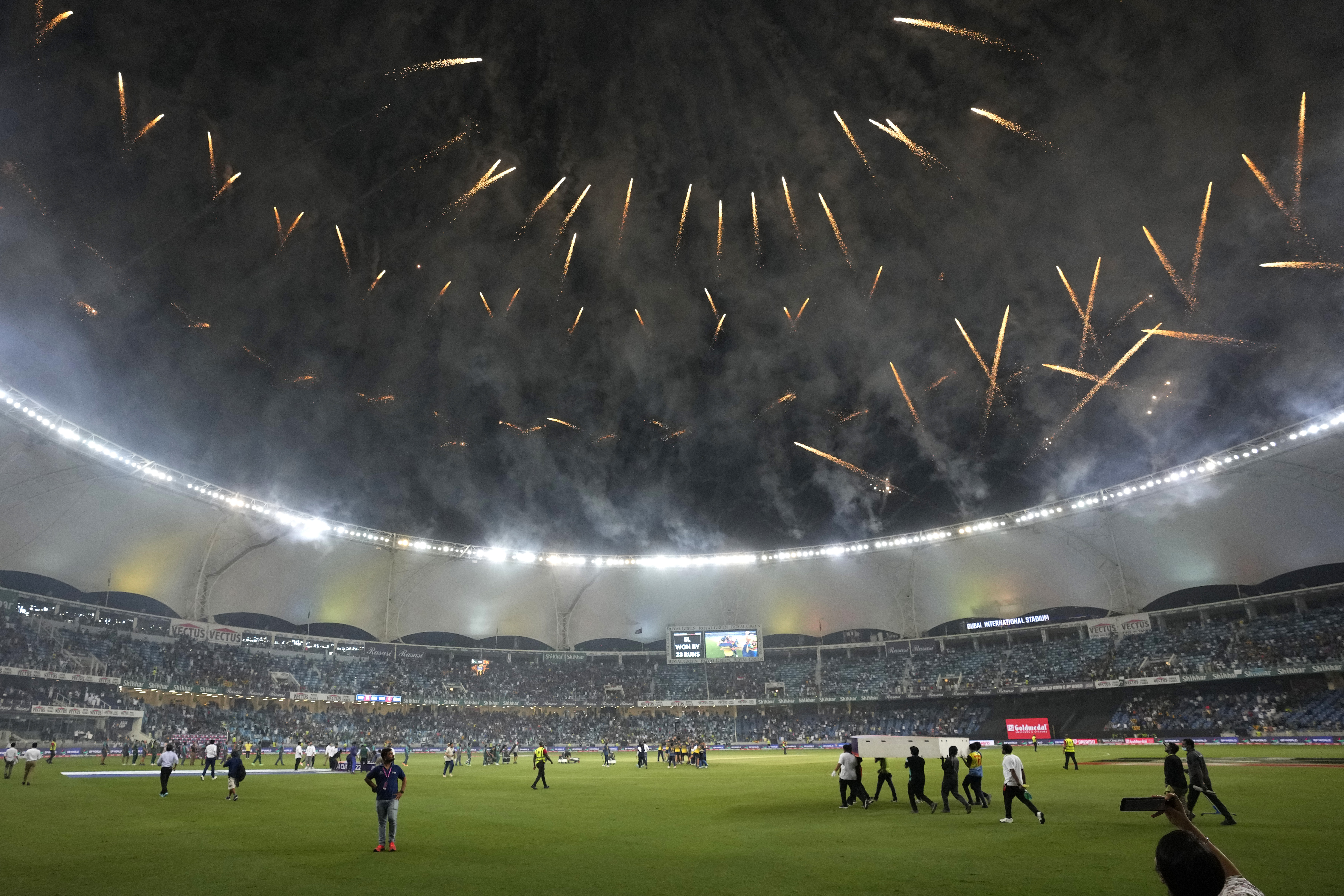 Fireworks go off after Sri Lanka won the T20 cricket Asia Cup final match against Pakistan, in Dubai, the United Arab Emirates on Sunday, September11, 2022