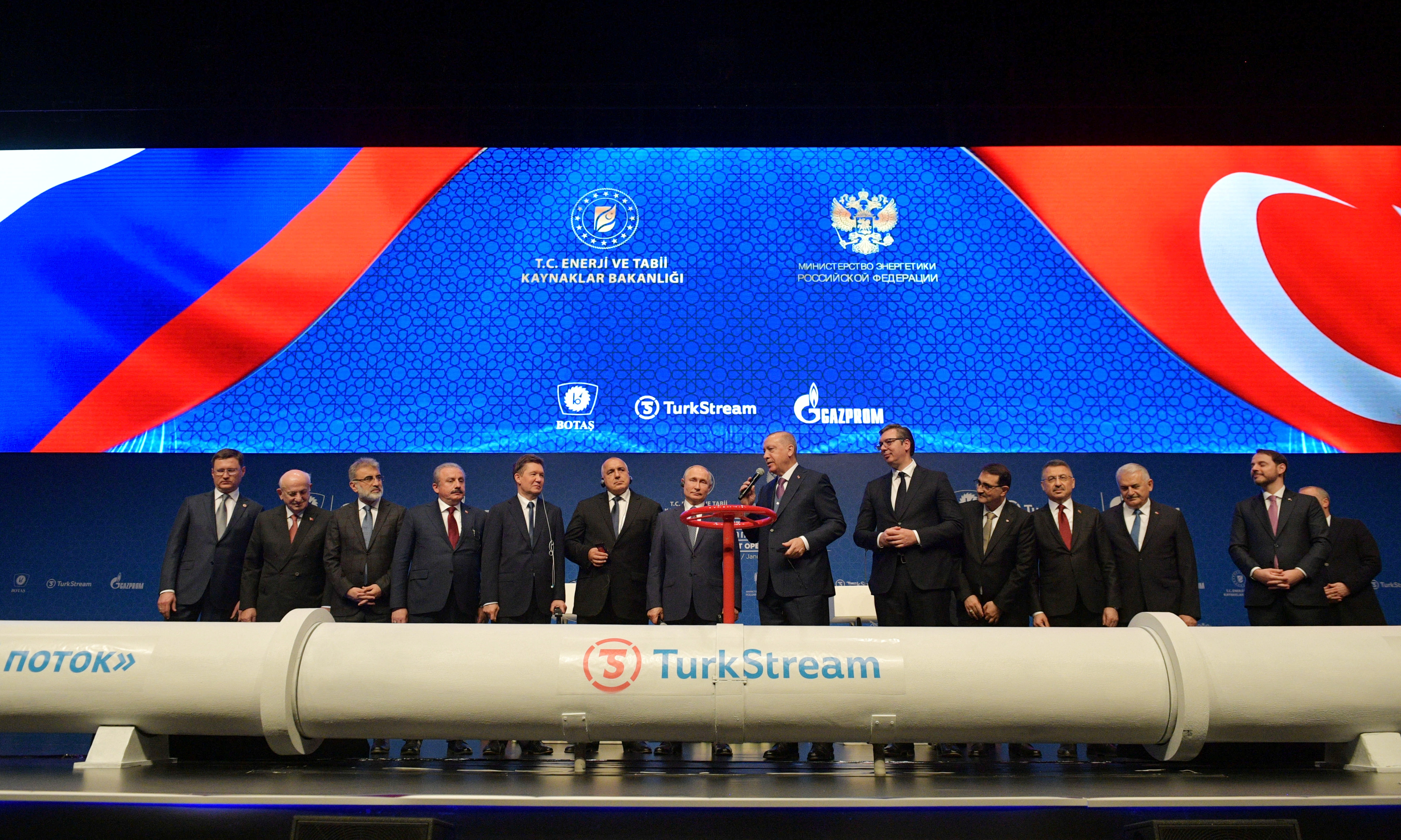 Russian President Vladimir Putin, Turkish President Tayyip Erdogan, Bulgarian Prime Minister Boyko Borissov, Serbian President Aleksandar Vucic and officials attend a ceremony marking the formal launch of the TurkStream natural gas pipeline, in Istanbul, Turkey January 8, 2020. Sputnik/Alexei Druzhinin/Kremlin via REUTERS ATTENTION EDITORS - THIS IMAGE WAS PROVIDED BY A THIRD PARTY.