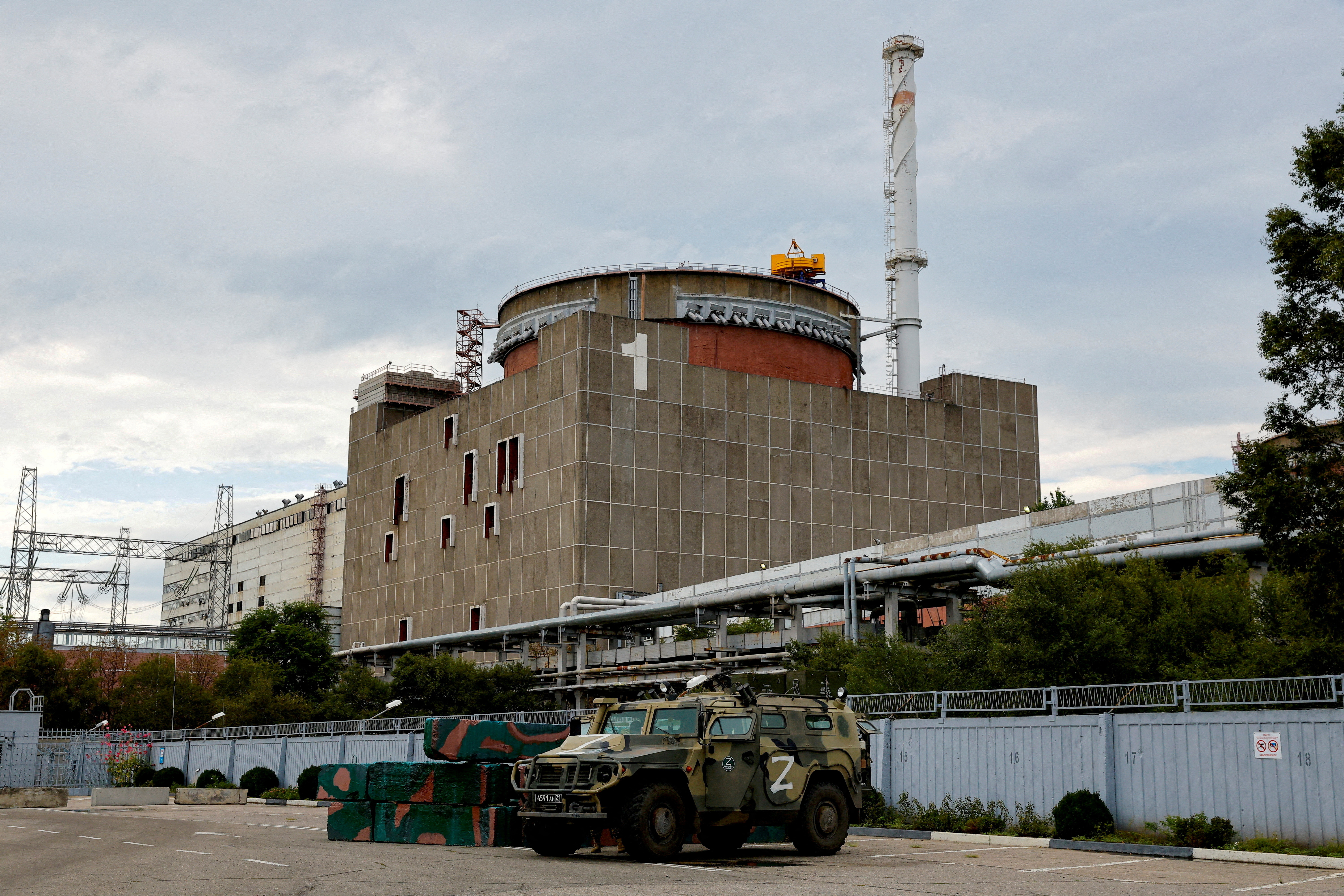A Russian all-terrain armoured vehicle outside the Zaporizhzhia Nuclear Power Plant