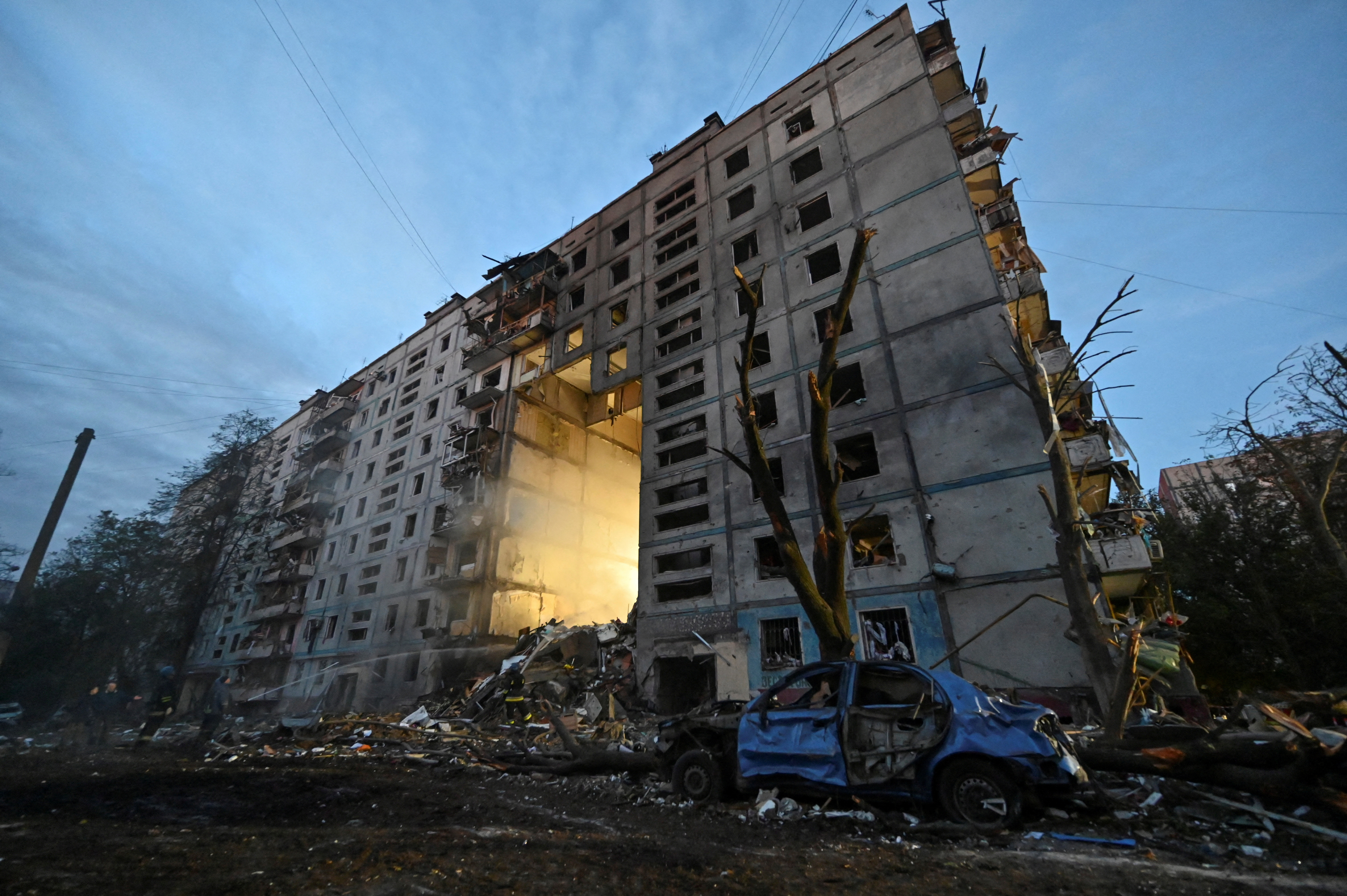 A view shows a residential building heavily damaged by a Russian missile attack, amid Russia’s attack on Ukraine, in Zaporizhzhia, October 9, 2022 [Reuters]