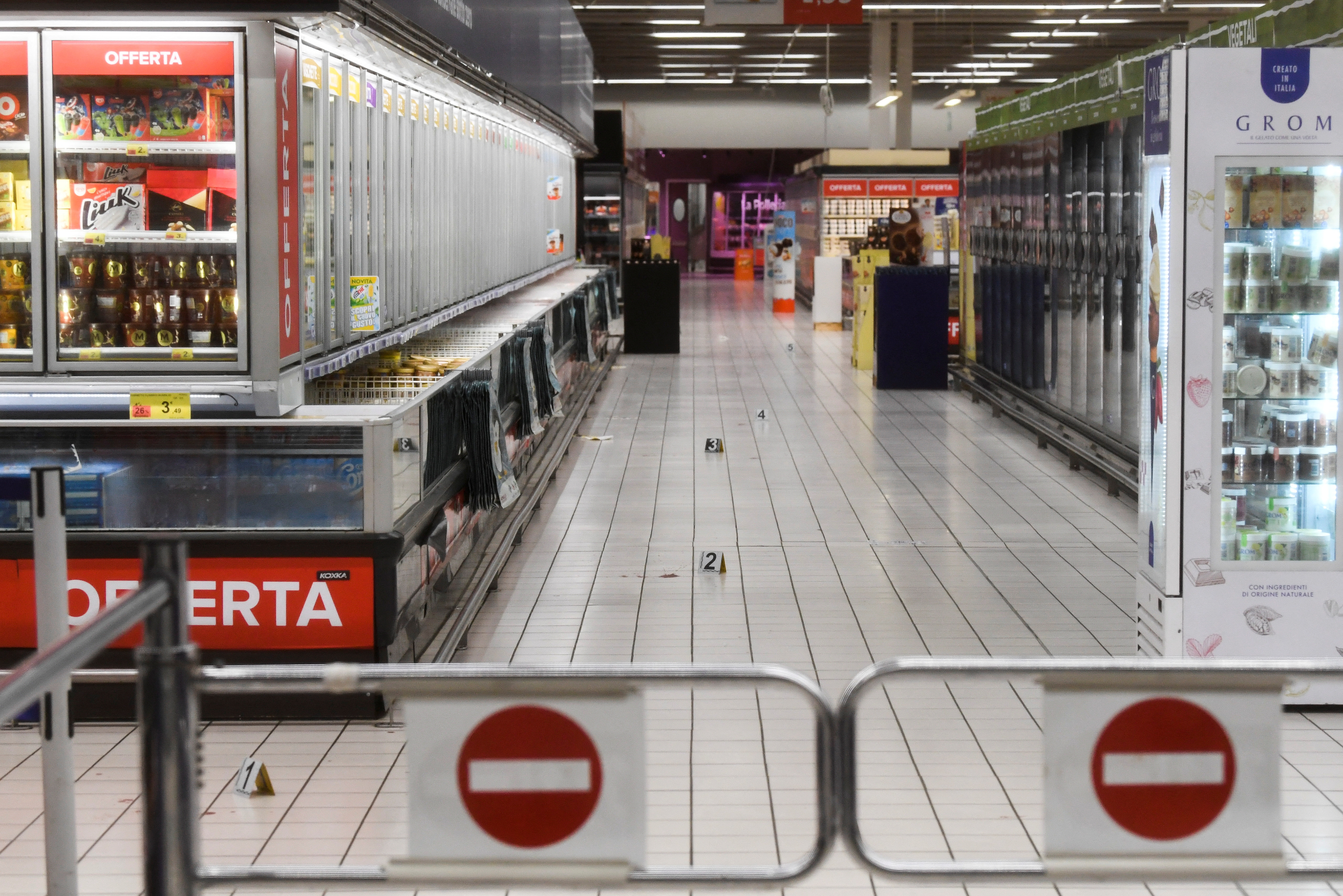 View of the supermarket at a shopping center where several people were injured in Assago near Milan