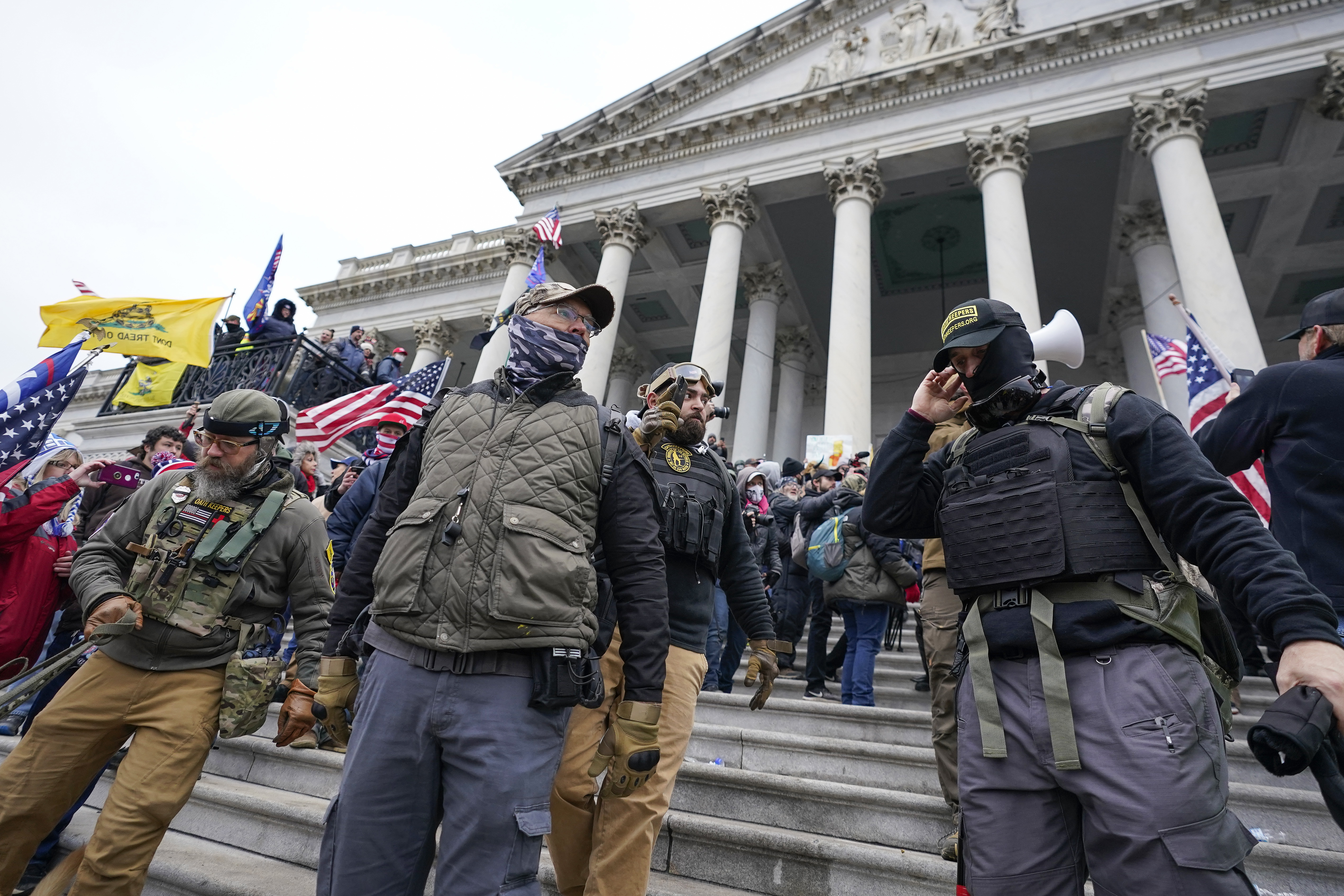 Members of the Oath Keepers standing on the East Front of the US Capitol on January 6, 2021, in Washington, DC