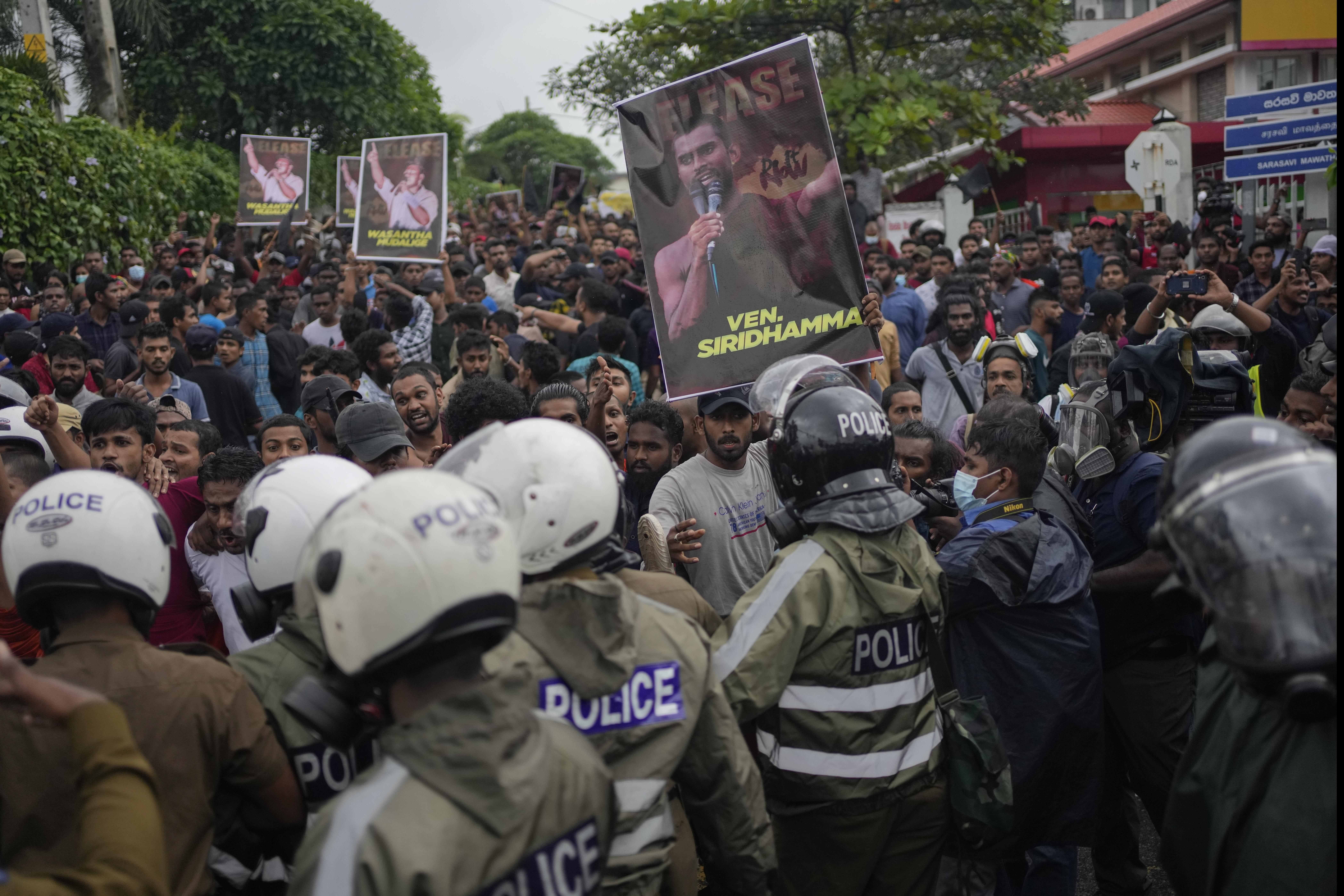 Sri Lanka student protesters facing off against the police.