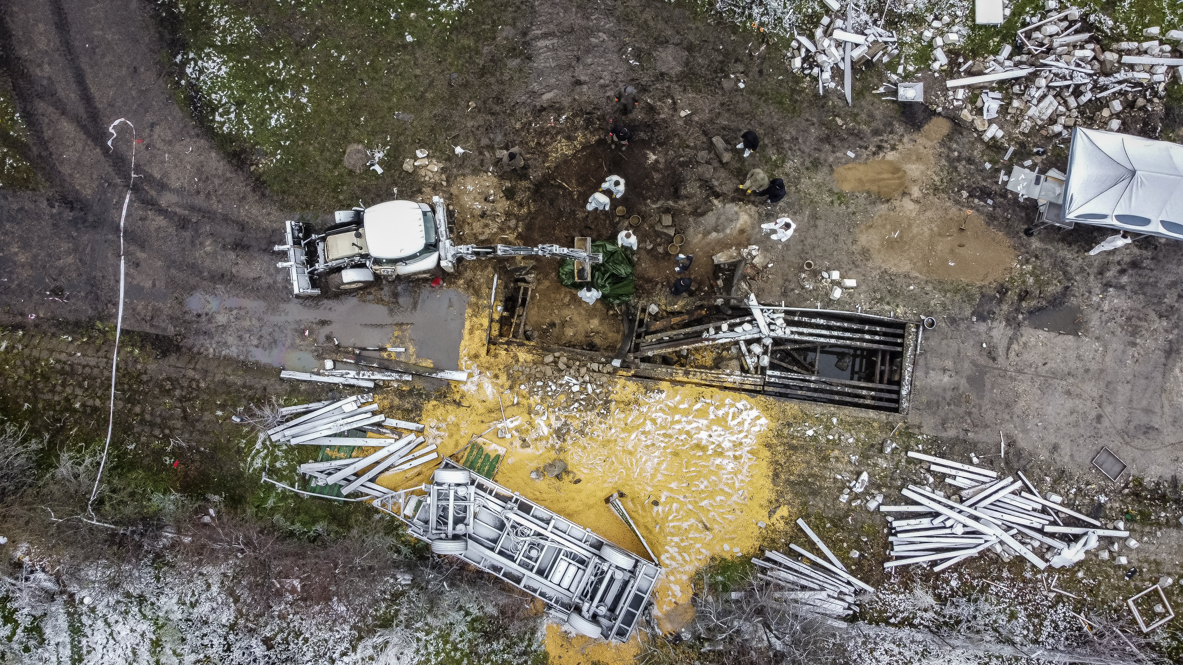 Aerial view taken on November 17, 2022 shows the site where a missile strike killed two men in the eastern Poland village of Przewodow, near the border with war-ravaged Ukraine on November 15, 2022.
