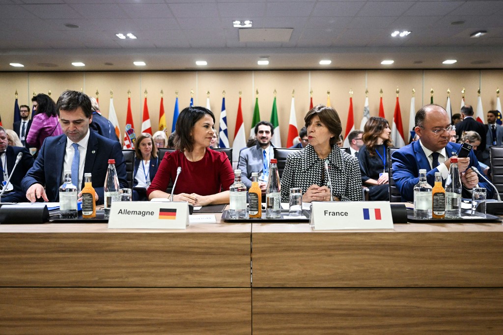 Moldovan Foreign Minister Nicu Popescu, German Foreign Minister Annalena Baerbock, French Foreign and European Affairs Minister Catherine Colonna and Romanian Foreign Minister Bogdan Aurescu attend a plenary session as part of the third ministerial conference of platform support for Moldavia at the "Centre de Conference Ministeriel" (ministerial conference centre) in Paris