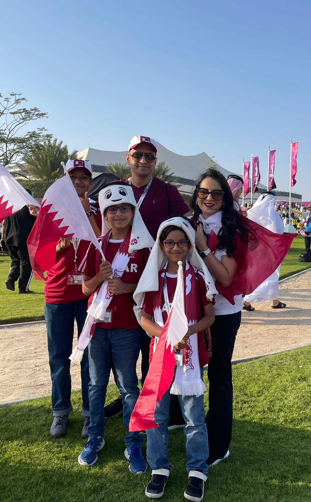 Shehar Bano Rizvi and her family outside Al Bayt Stadium before the opening game of the World Cup [Courtesy Shehar Bano Rizvi]