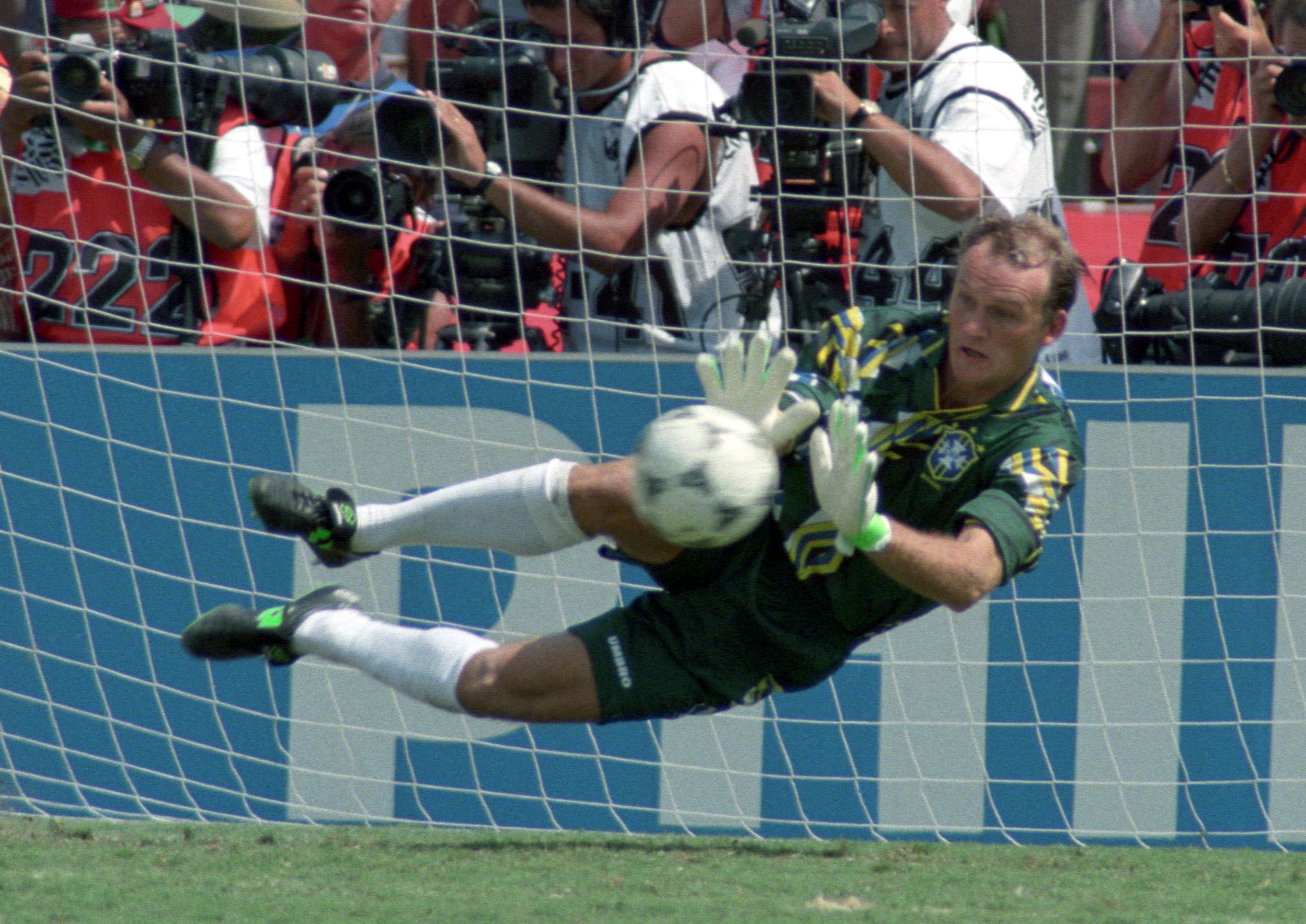 Brazil’s Claudio Taffarel saves Daniele Massaro’s penalty shot to decide the World Cup final on July 17, 1994