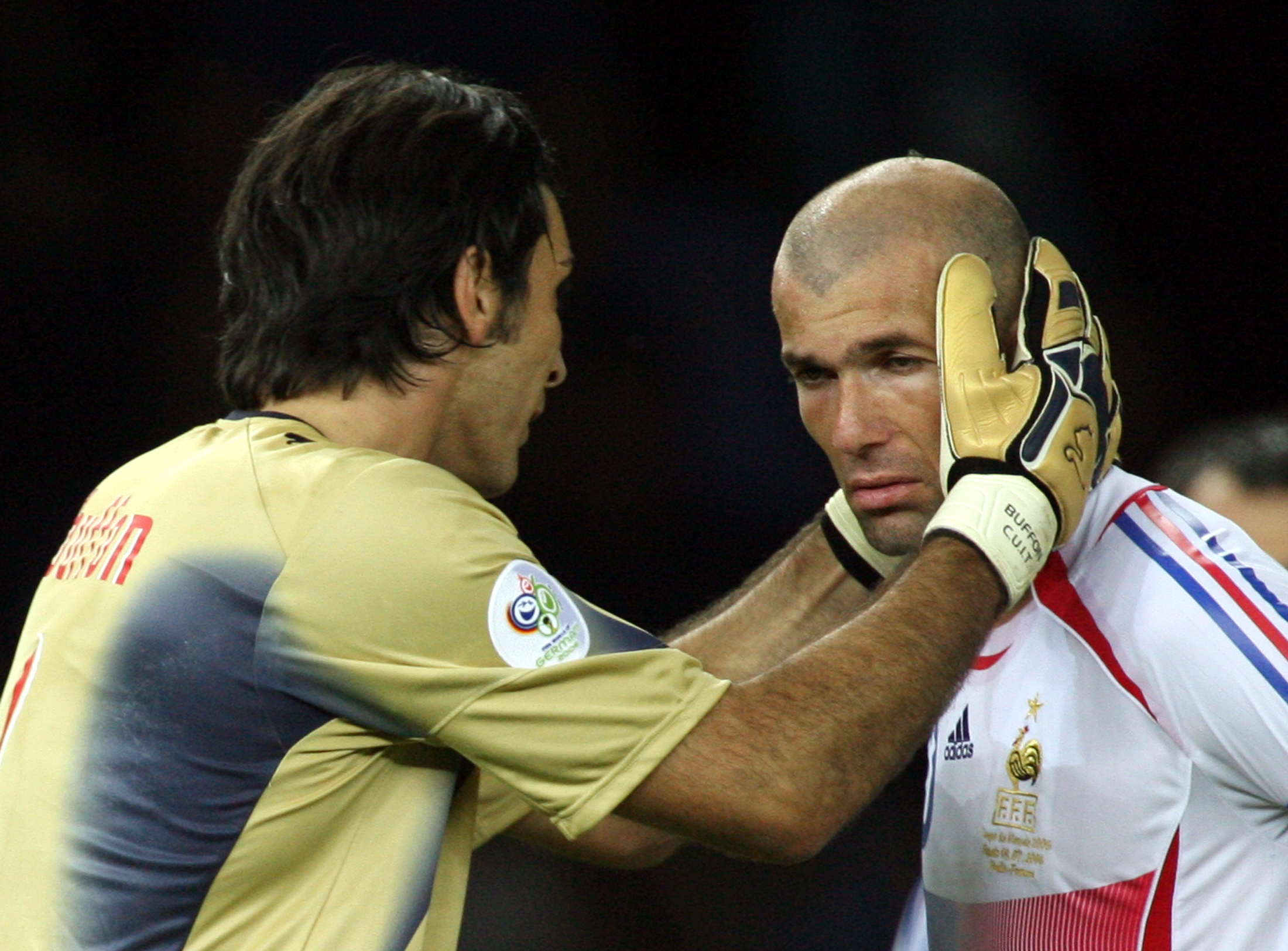 Italy’s goalkeeper Gianluigi Buffon (left) speaks to France’s Zinedine Zidane after his notorious headbuttin the World Cup 2006 final